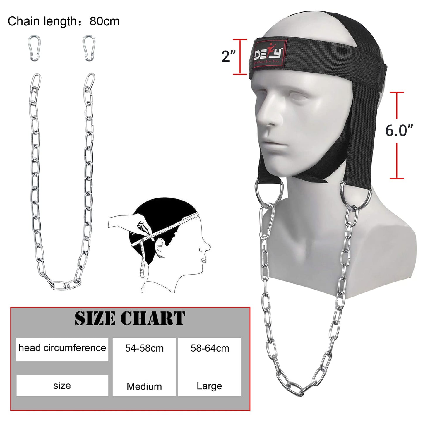 DEFY Neck Harness, Weight Lifting Neck Exerciser - Workout Equipment for Head, Neck Strengthener for Gym Training – Head Exercise for Men Women - Nylon Adjustable Straps with Metal Chain (Black)