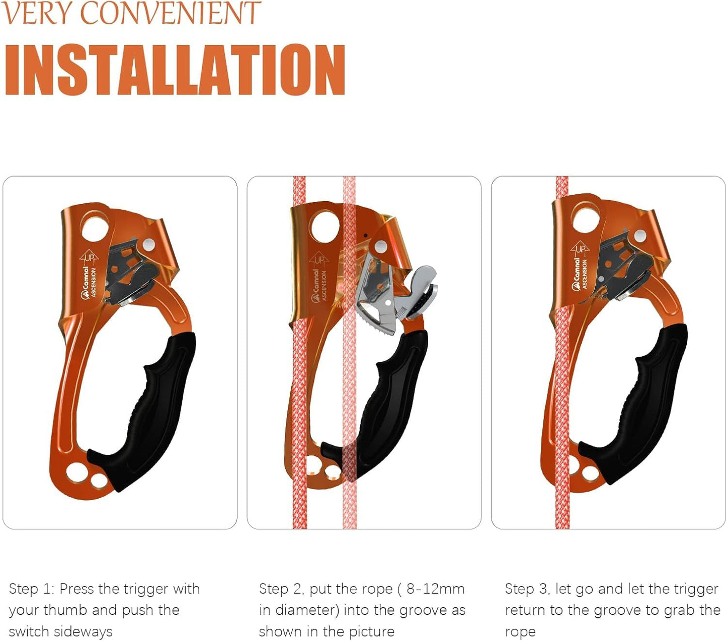 CAMNAL UIAA & CE Certified Hand Ascender for 8–13mm Rope, Rope Clamp for Rock Climbing, Tree Climbing, Arborist, Rappelling Gear – Right Hand Orange