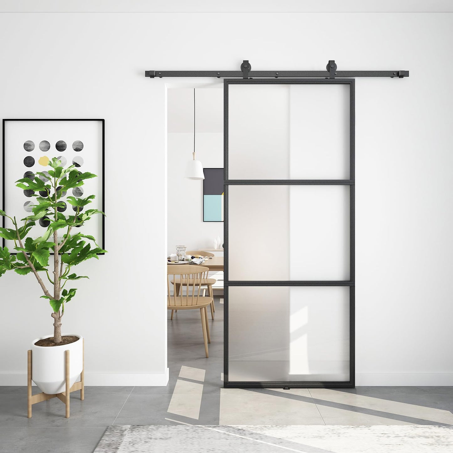 BARNSMITH 34in x 84in Frosted Glass Barn Door with 5.7FT Top Mounted Hardware kit Include Soft Close Mechanism Black Carbon Steel Tempered Frosted Glass Sliding Door, Easy Assembly