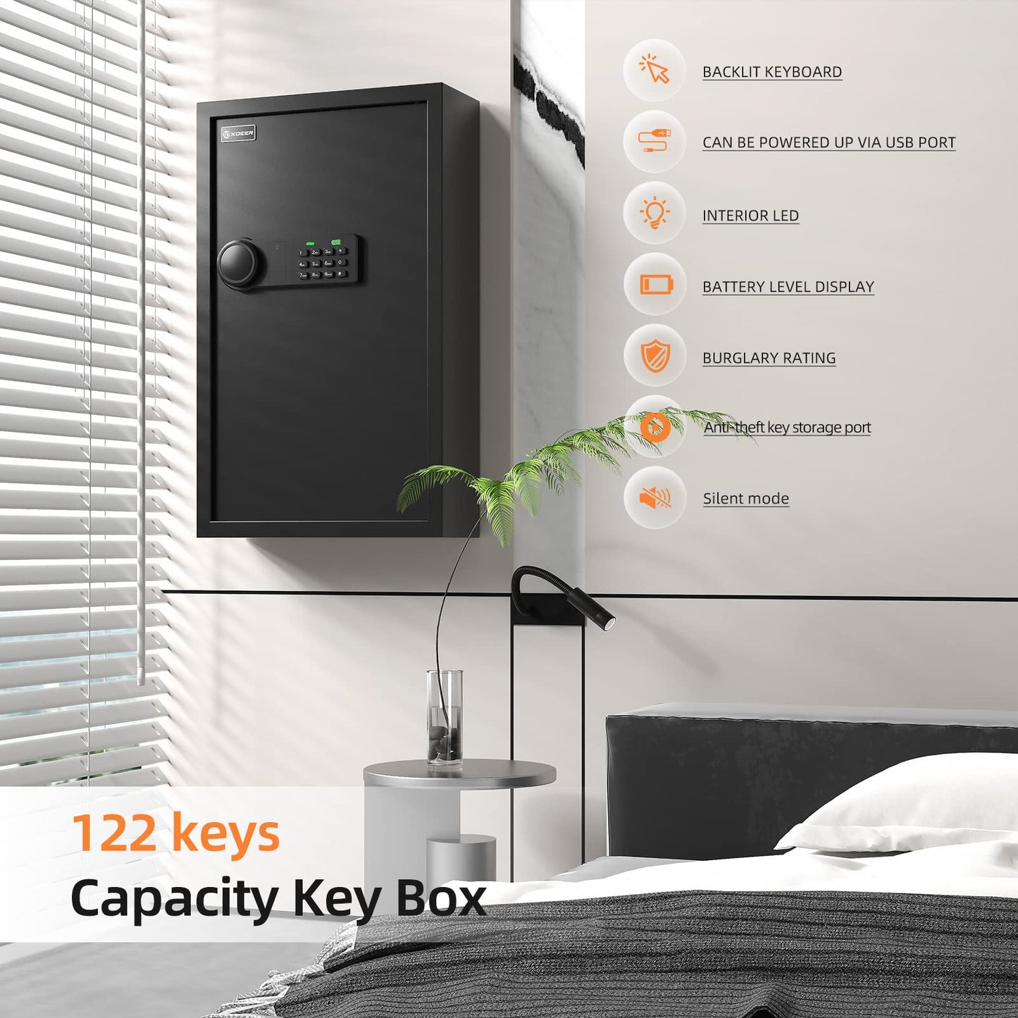 XDeer 122-Keys Key Lock Box Wall Mount with Advanced Anti-Theft Deposit Key Slot & LED Light, Key Cabinet with Combo and Key Lock, Key Safe for Hotels & Office & Companies & Car Dealerships 1PCS