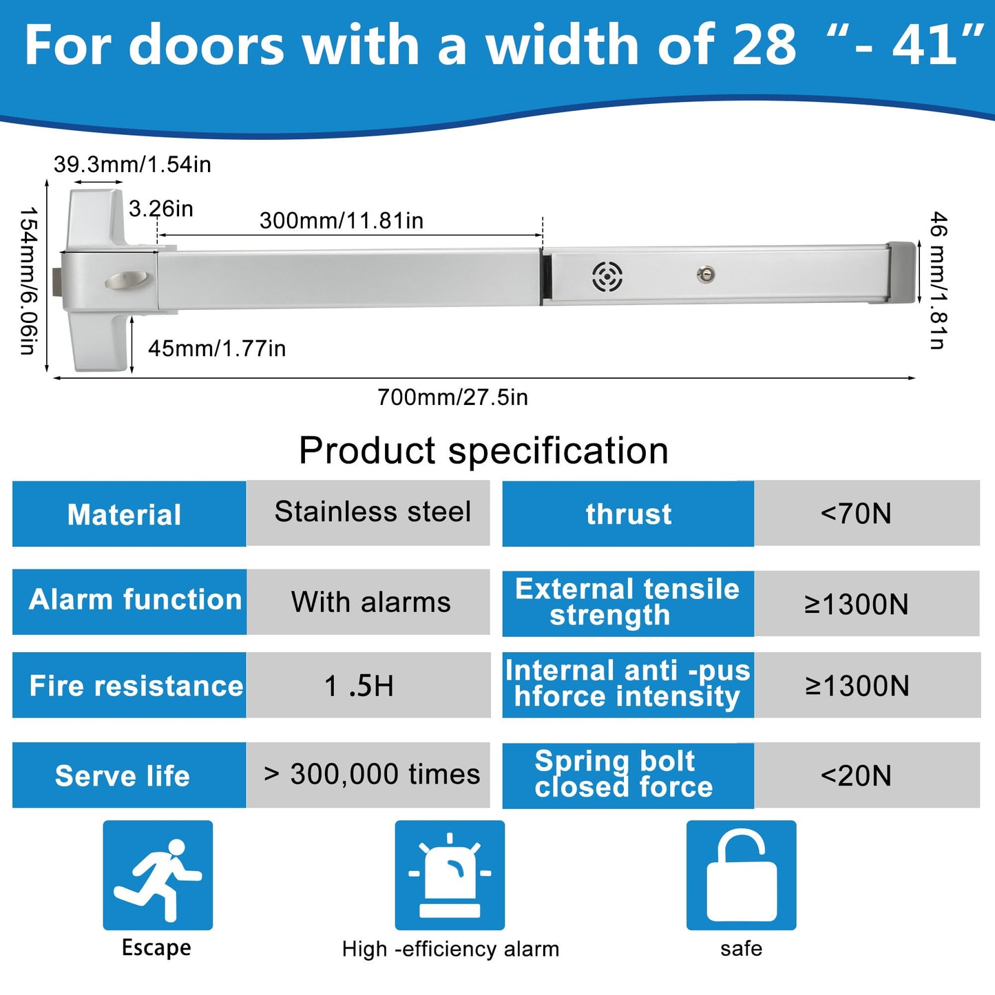 suermany Commercial Door Push Bar Panic Exit Device with Exterior Lever， with Alarm, 27.5” Stainless Steel Panic Bars for Exit Doors, Panic Bar Emergency Door Hardware for Wood Metal Doors