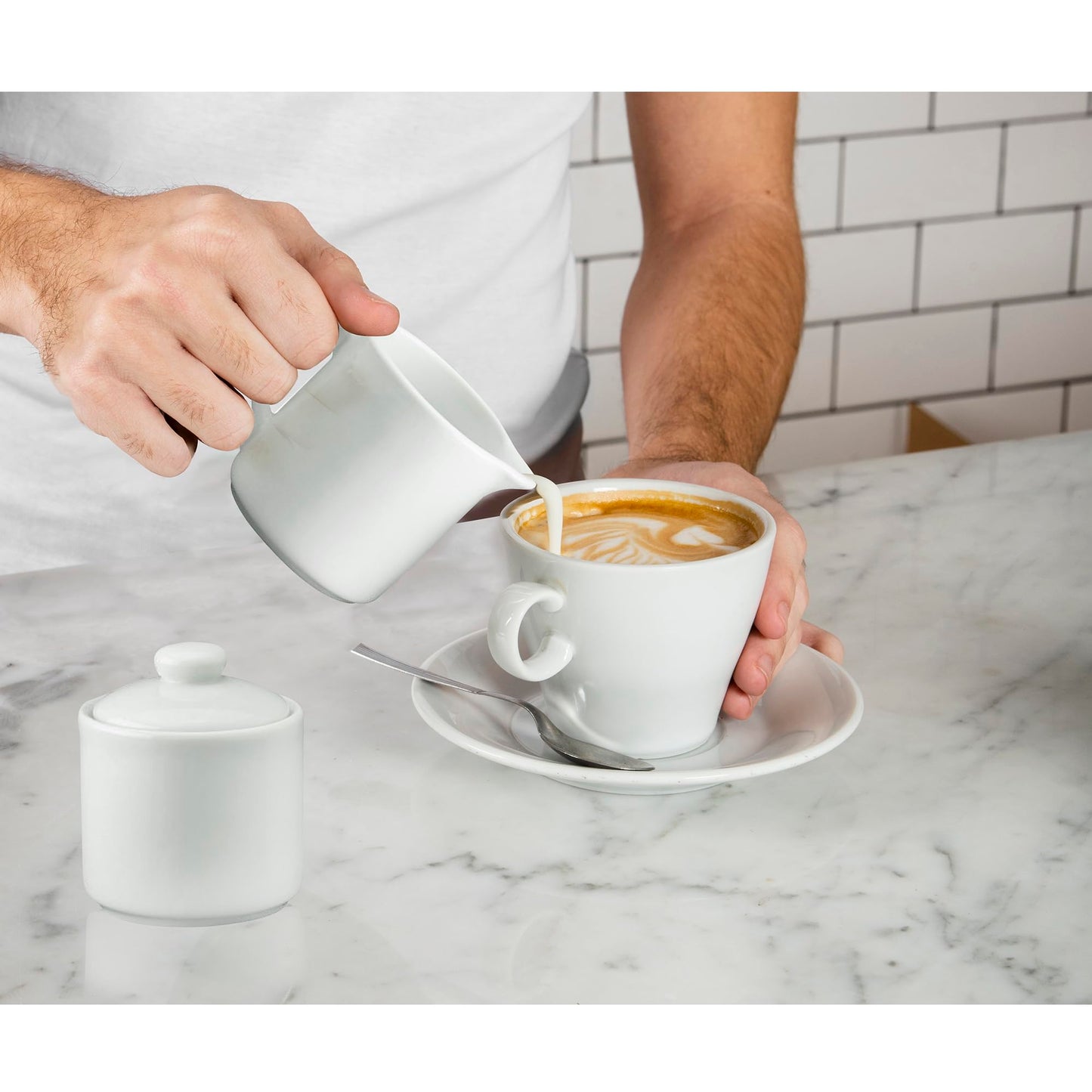HIC Kitchen Contemporary Creamer And Sugar Bowl With Lid Set, Fine Porcelain, For Serving Sugar, Milk, Cream, Syrup, And Sauces, 3-Piece Set