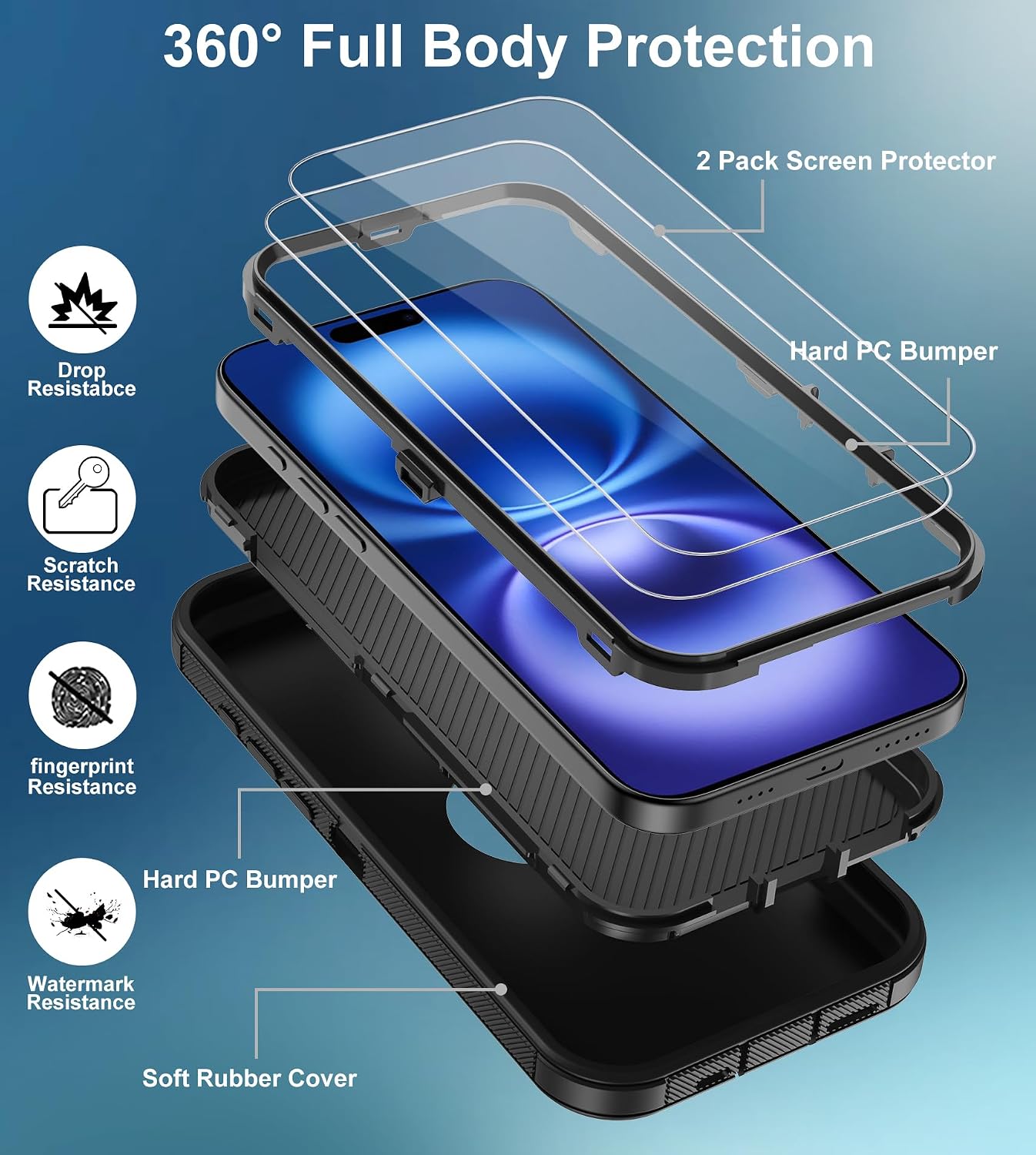 Aimoll-88 16 2 3 16 for iPhone Case, with Screen Protector Heavy Duty Drop Protection, Full Body Layer Rugged