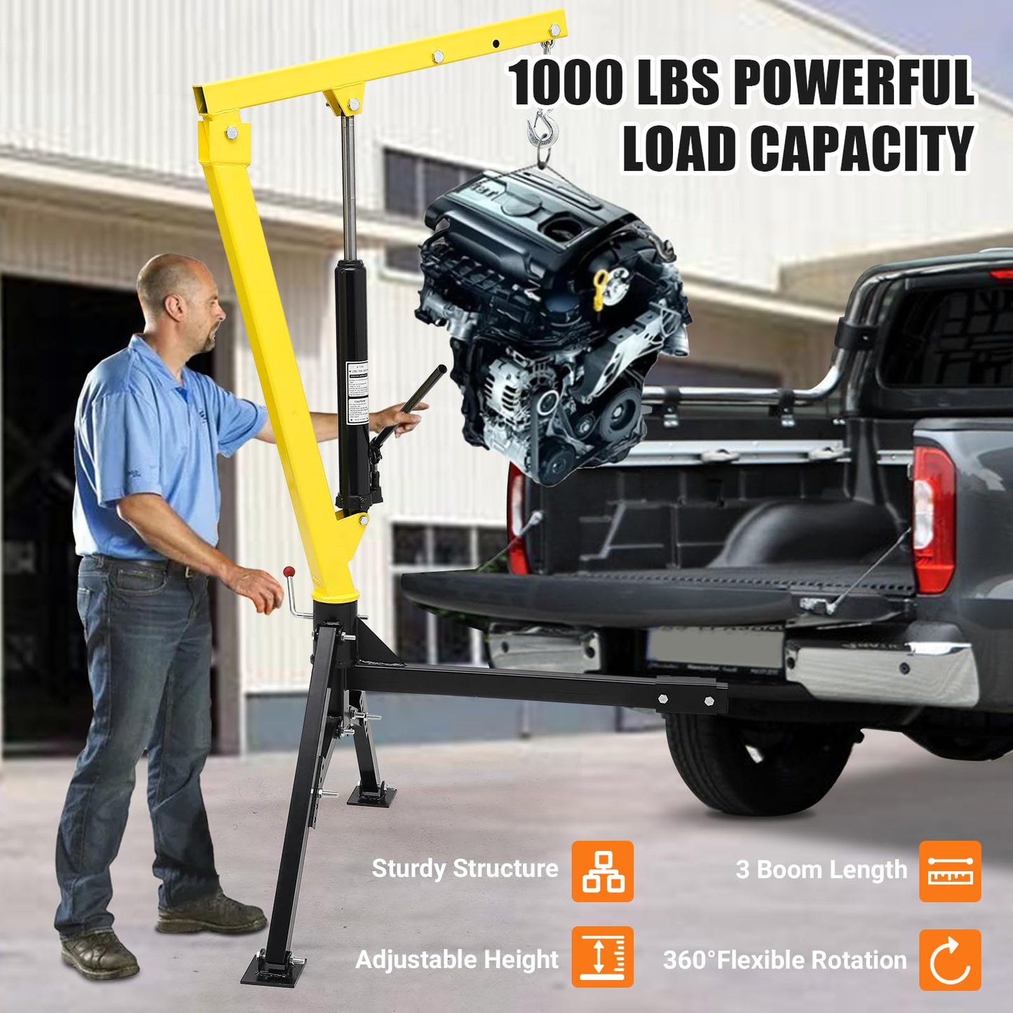 Towallmark Hydraulic Pickup Truck Crane, 1000 lbs Capacity with 3 Boom Capacities of 500 lbs, 750 lbs & 1000 lbs for Lifting Goods in Construction, Industry, Forestry