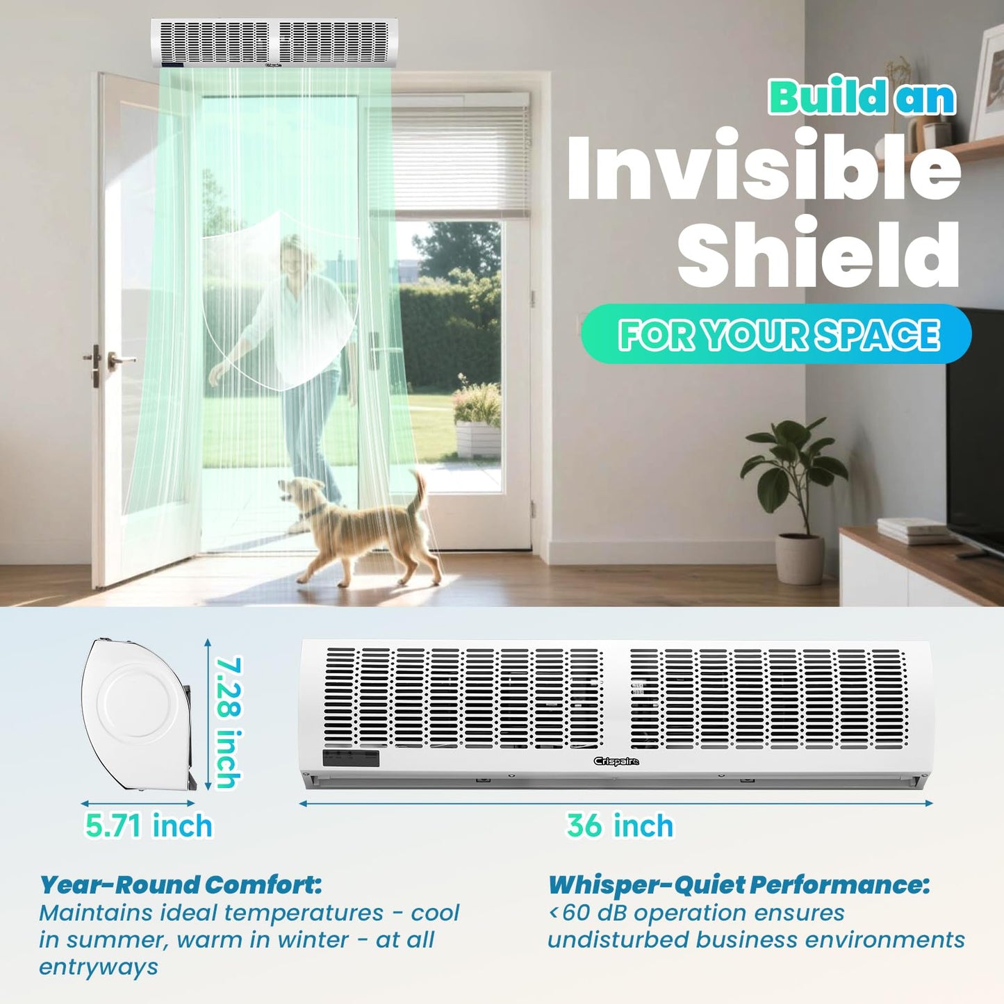 Crispaire 36-Inch White Air Curtain with Magnetic Door Switch 1527 CFM/2165 FPM Dual-Speed Adjustable Commercial Indoor Air Door Easy to Install Industrial Fan(Note: This is not an air conditioner)