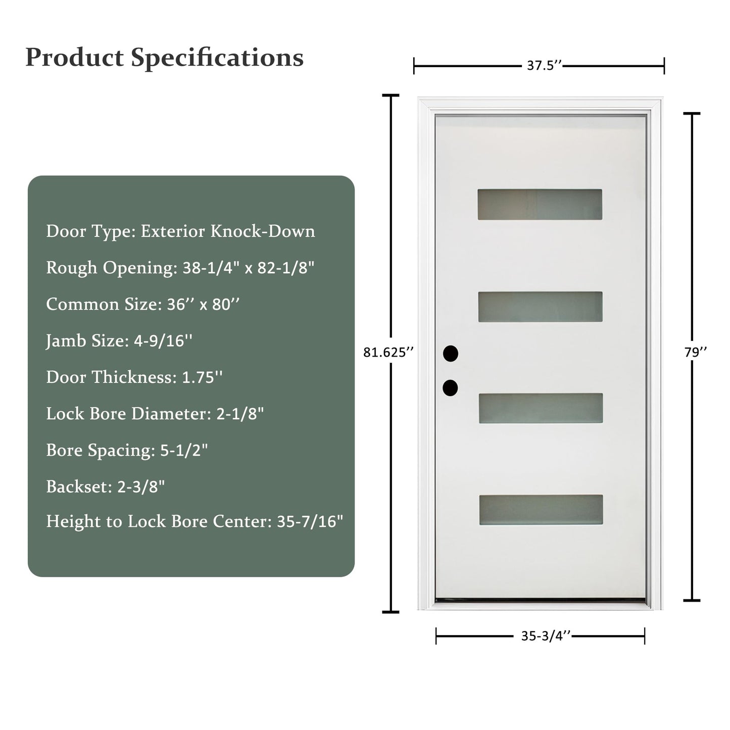 Fiberglass Exterior Front Door 36x80In, Right-Hand Inswing Featuring 4-Lite Frosted Glass White Primed Knock-Down Entry Door with Brickmould and Vinyl Frame