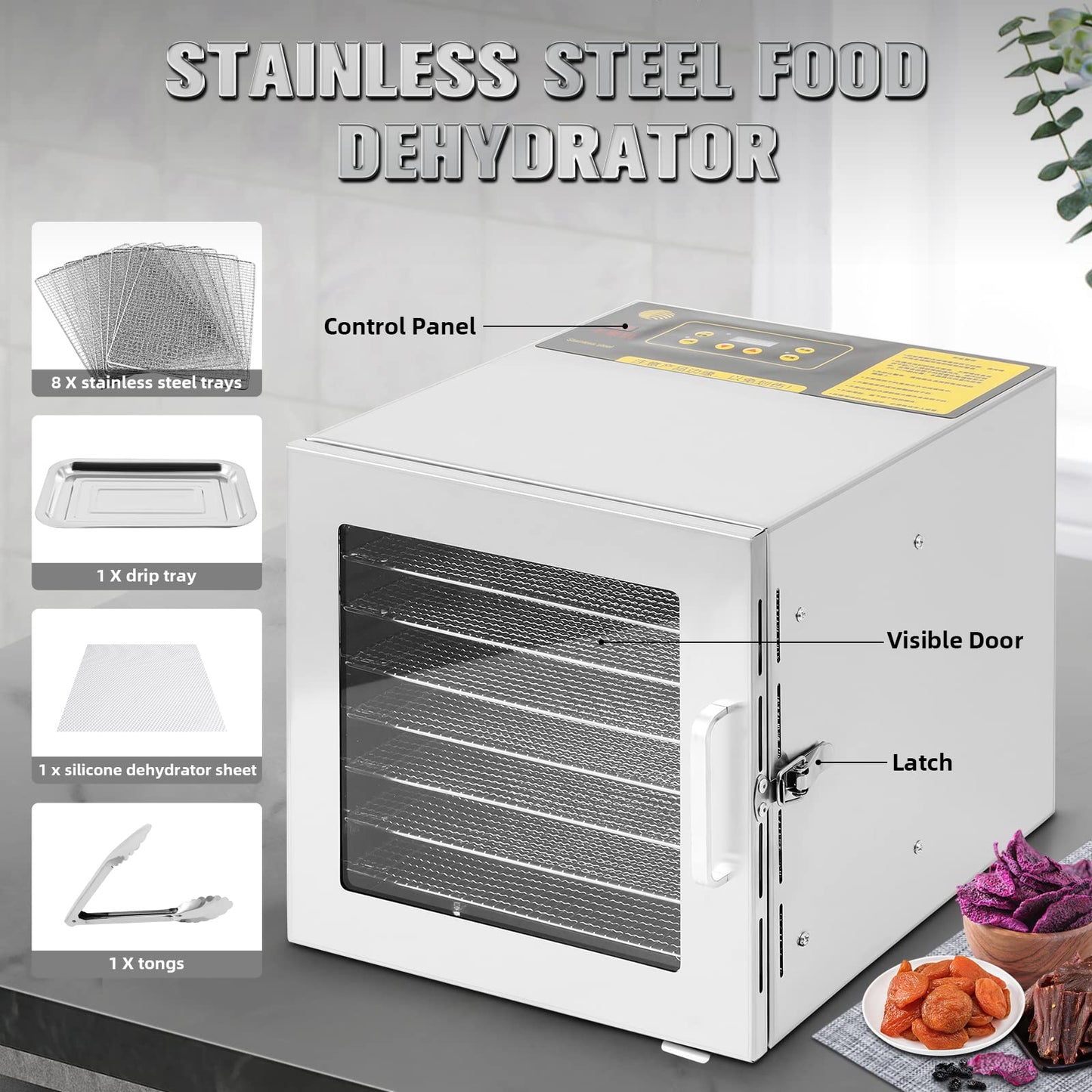 FAHKNS Dehydrater for Food And Jerky Deshidratador De Alimentos Fruit Dehydrator Commercial Used Meat Beef Maker Frutas Lem Herb Dryer 8 Trays Stainless Steel Desidratador