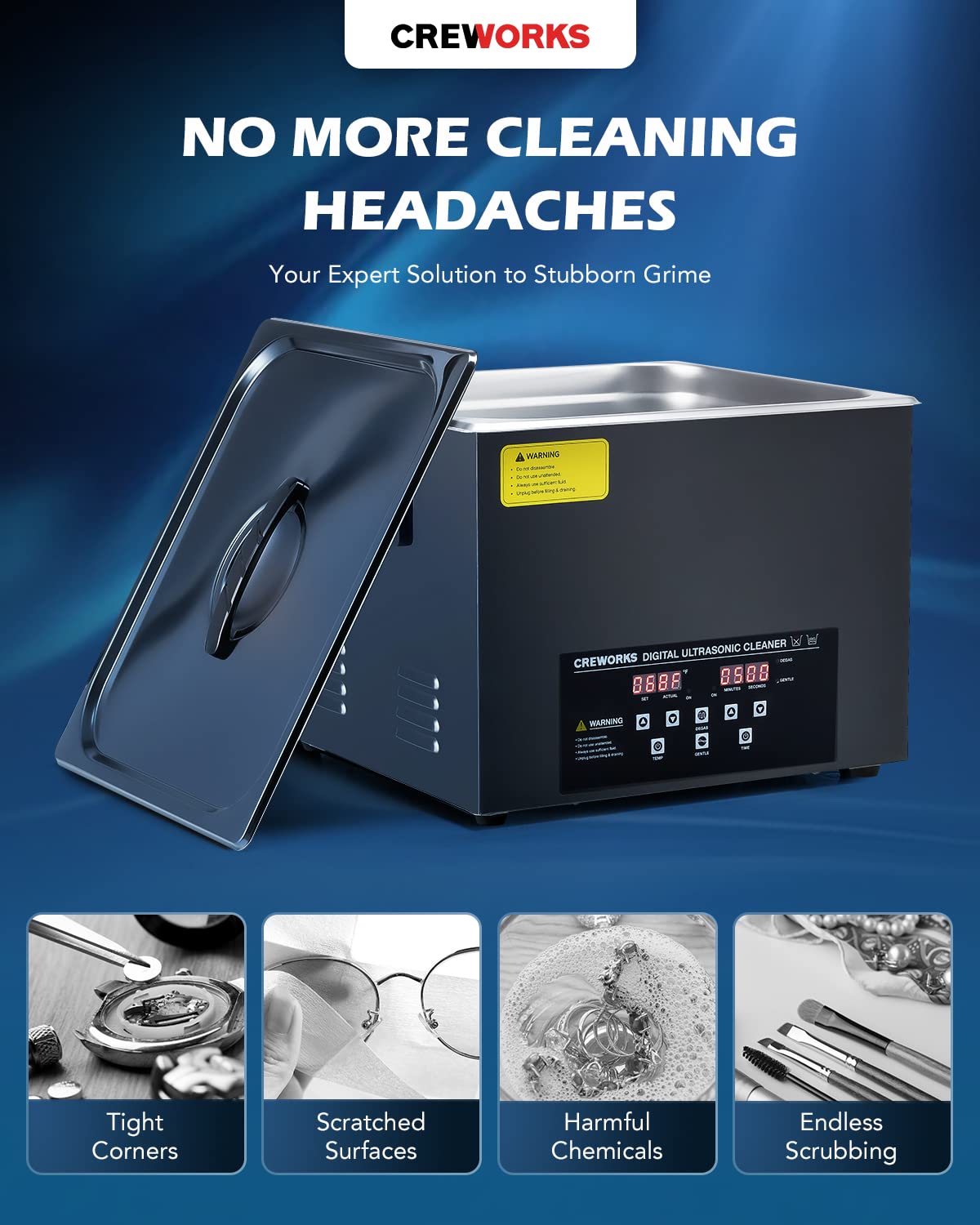 CREWORKS 15L Digital Ultrasonic Cleaning Machine with Degas and Gentle Mode, 360W Ultrasonic Cleaner with Heater and Timer, 40kHz Ultrasound Cleaner for Industrial Parts Carburetor Auto Tool