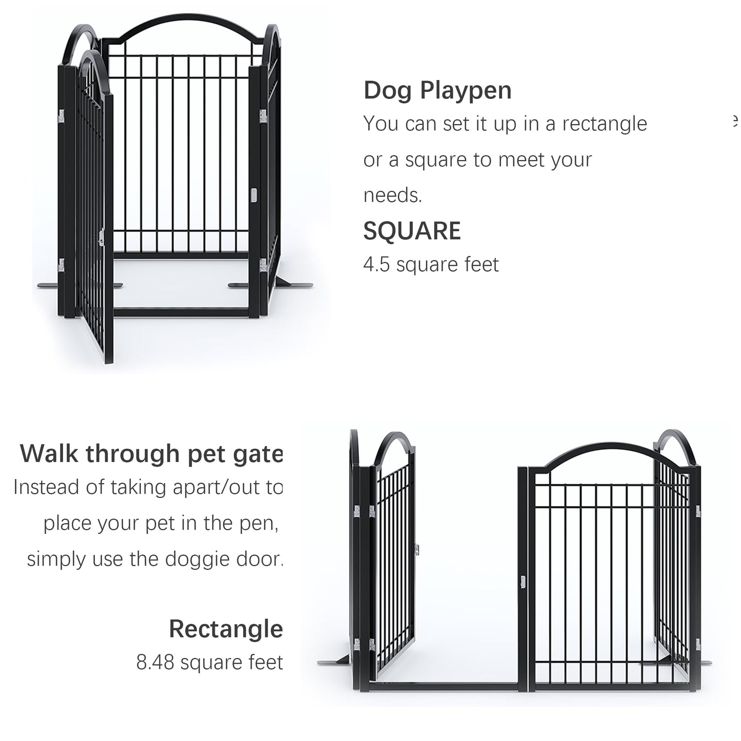 BHG Metal No-Assembly Freestanding Dog Gate with Door Walk Through, Extra Wide 96", Extra Tall 32" Pet Gate, Accordion Puppy Folding Playpen Dog Fence, with 2PCS Support (Black, 4 Panels)