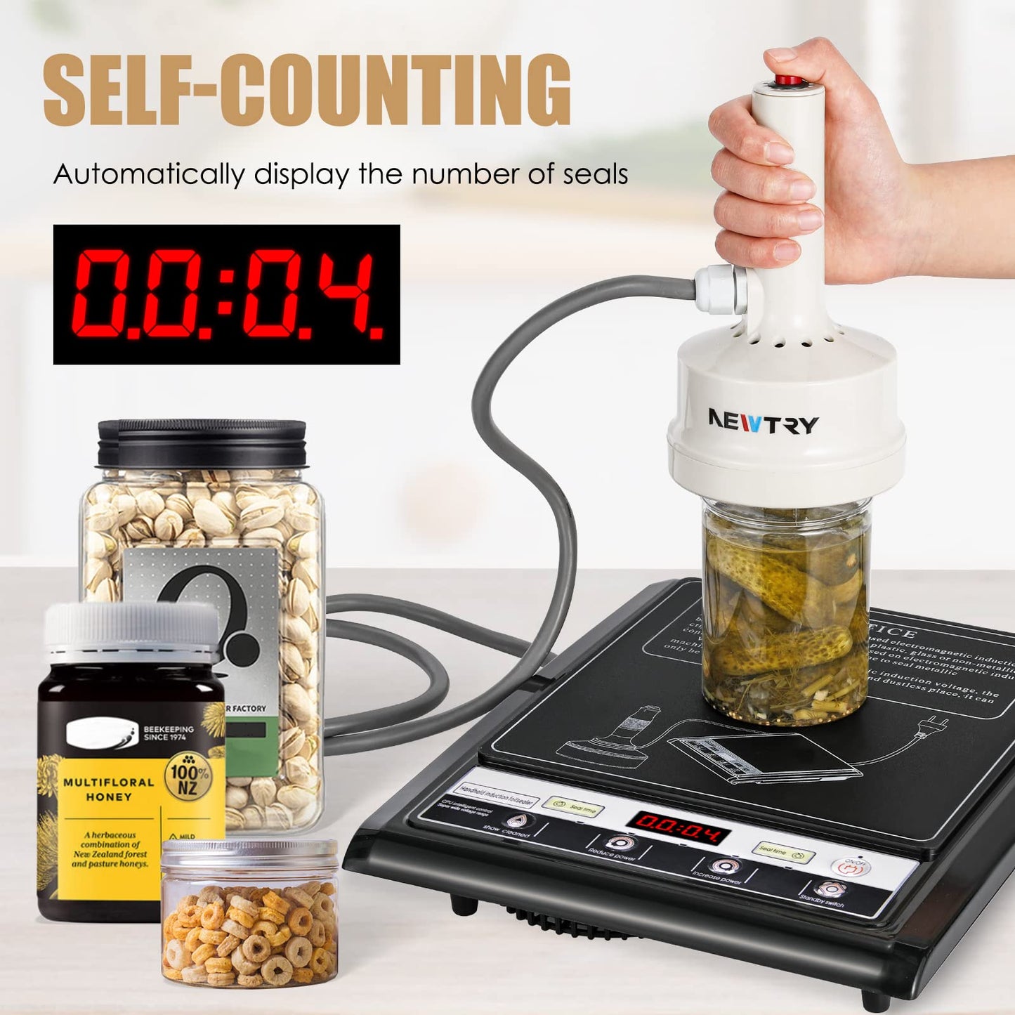 NEWTRY 20-100MM Induction Sealer 800W-1200W Handheld Heat Sealing Machine Electromagnetic Bottle Cap Sealer for Plastic Glass Bottle Cap (110V)