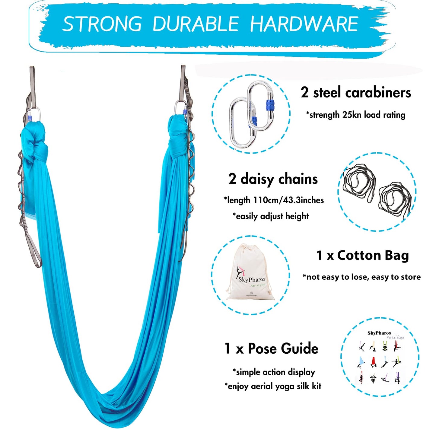 SKYPHAROS 5.5 Yards Aerial Silks Yoga Swing Set - Aerial Yoga Hammock Kit Anti-Gravity Flying for Fitness, Low/Non Stretch Nylon Tricot Fabric Hardware Included for Dance