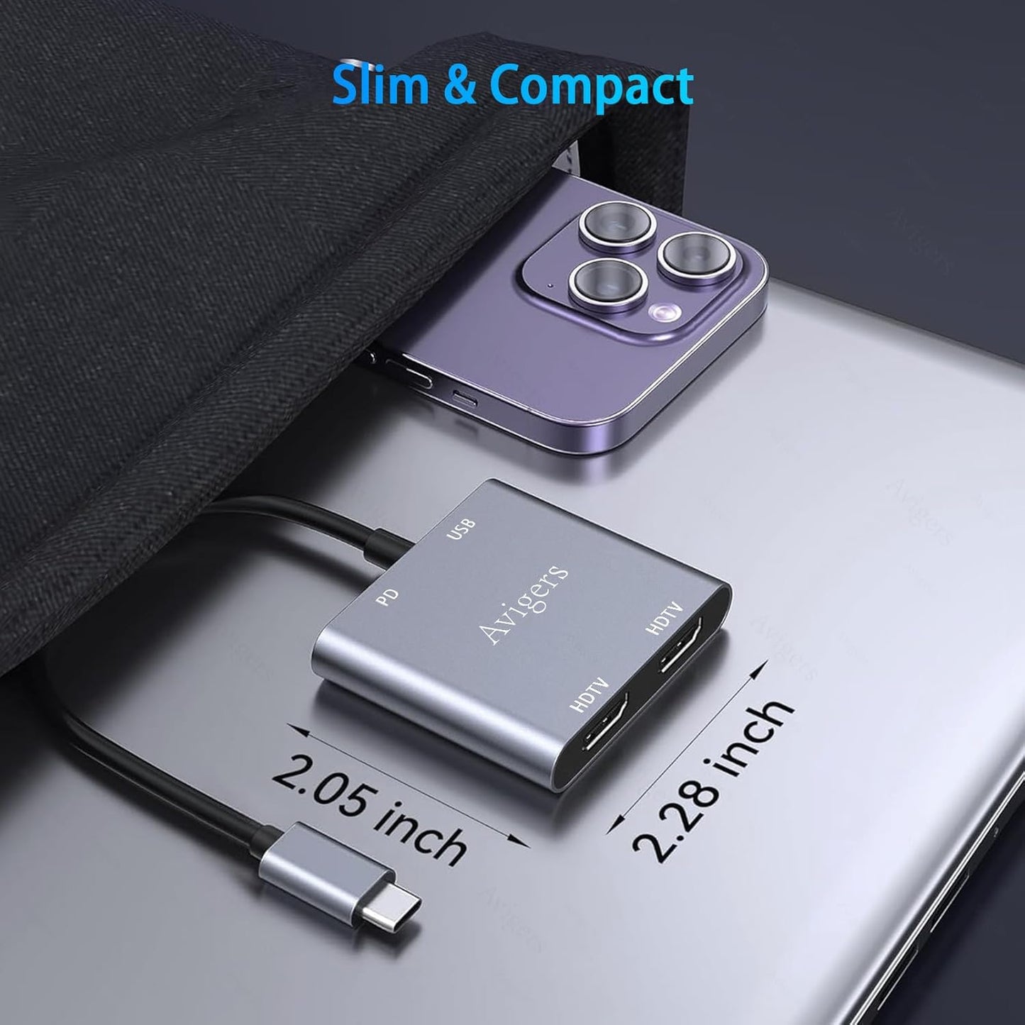 Avigers 4K@60Hz, 4-in-1 100W 3.0 USB C to Dual HDMI Adapter HDMI Splitter for Dual Monitors with PD Charging & USB Port