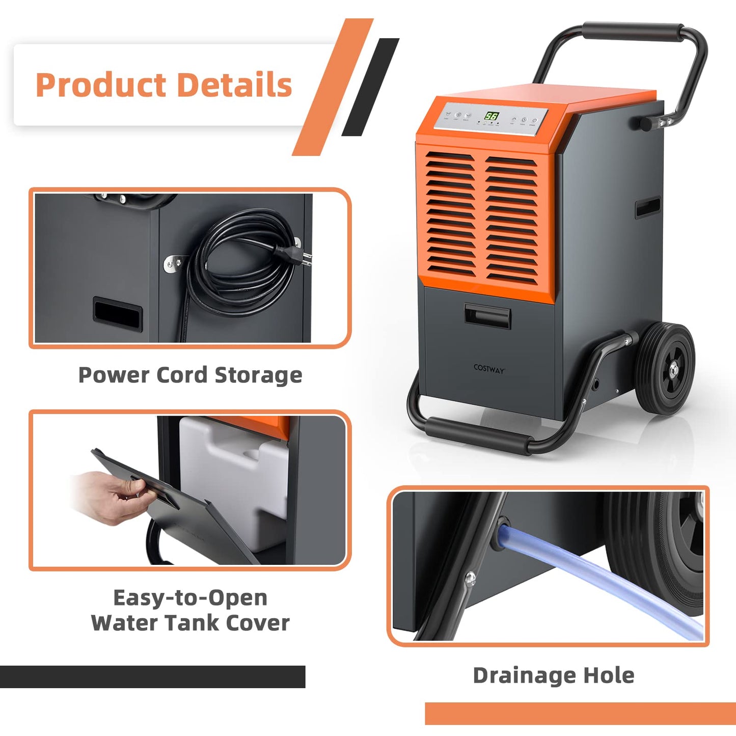 COSTWAY 163 Pints Commercial Dehumidifier, 4500 Sq.Ft Crawl Space Dehumidifier with Drain Hose, 24H Timer, for Basement, Warehouse, Job Site (Orange)