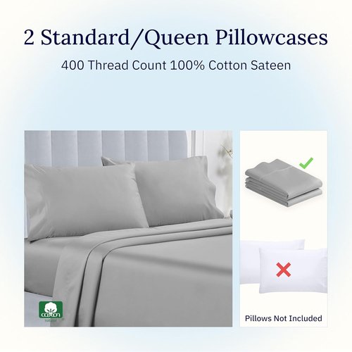 California Design Den Pillowcase Set | Standard Queen Size, 400 Thread Count, 100% Cotton Sateen, Soft & Breathable - Light Grey