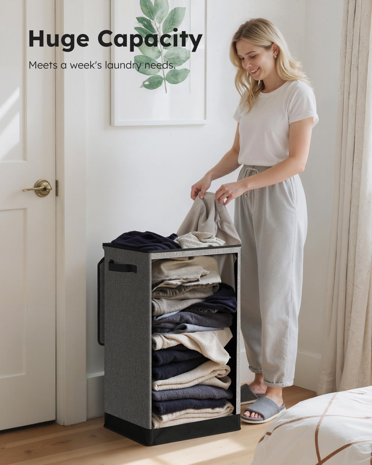 SOLEDI Laundry Hamper - 90L Large Collapsible Basket with Lid & Removable Bag - Grey