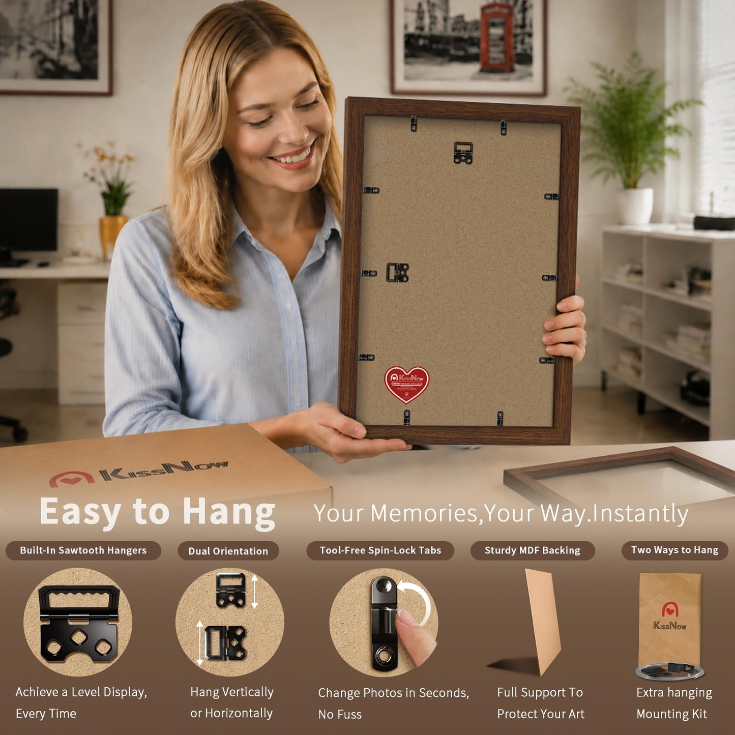 KissNow 13x19 Picture Frame 4 Pack, Brown Wood 19x13 Poster Frame, Tempered Glass, Vertical or Horizontal Wall Display for Photos & Art Prints