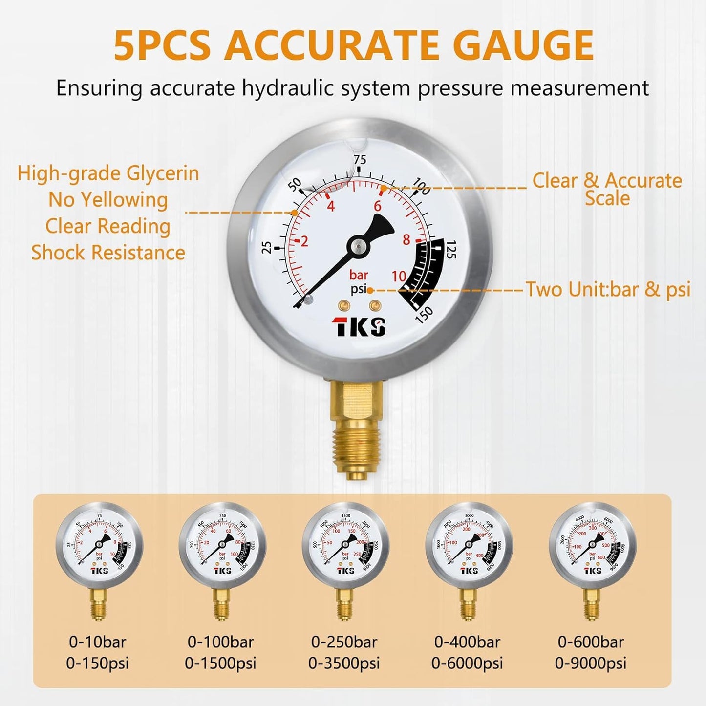 Hydraulic Pressure Test Kit，600bar /8700psi / 60mpa 5 Gauges 13 Test Couplings 14 Tee Connectors 5 Test Hoses, Hydraulic Gauge Kit Sturdy Carrying Case for Excavator Construction Machinery Ships Mine
