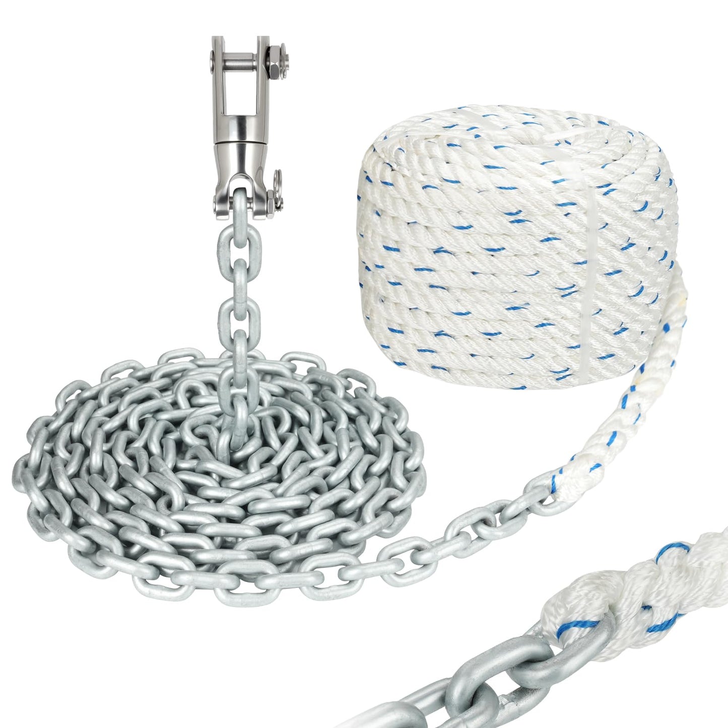 FUCNEN Windlass Anchor Rode Rope/Chain, 1/2" Anchor Line 100ft with 1/4" Hot-Dipped Galvanized G4 Chain 10ft and Swivel Connector Kit, 3-Strand Nylon Rope
