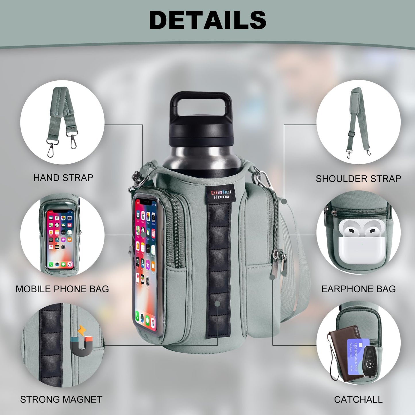 Magnetic Gym Bags for Men & Women with Adjustable Strap,Magnetic Bag Water Bottle Holder for Travel, Work,Sports,Water Bottle Sling Bag with Pocket (Gray)