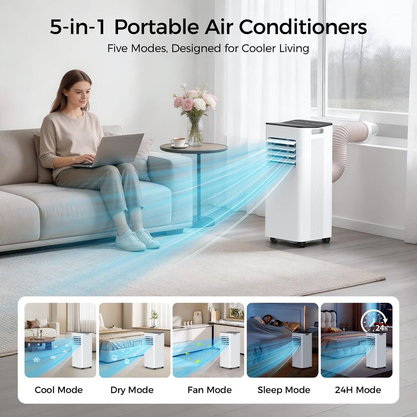 HoneyNov 16000 BTU Portable Air Conditioner for Large Rooms & Bedrooms up to 750 Sq.Ft, Ultra Quiet 40dB Smart WiFi AC, 5-in-1 Cooling with Dehumidifier, Fan, Sleep Mode & Timer