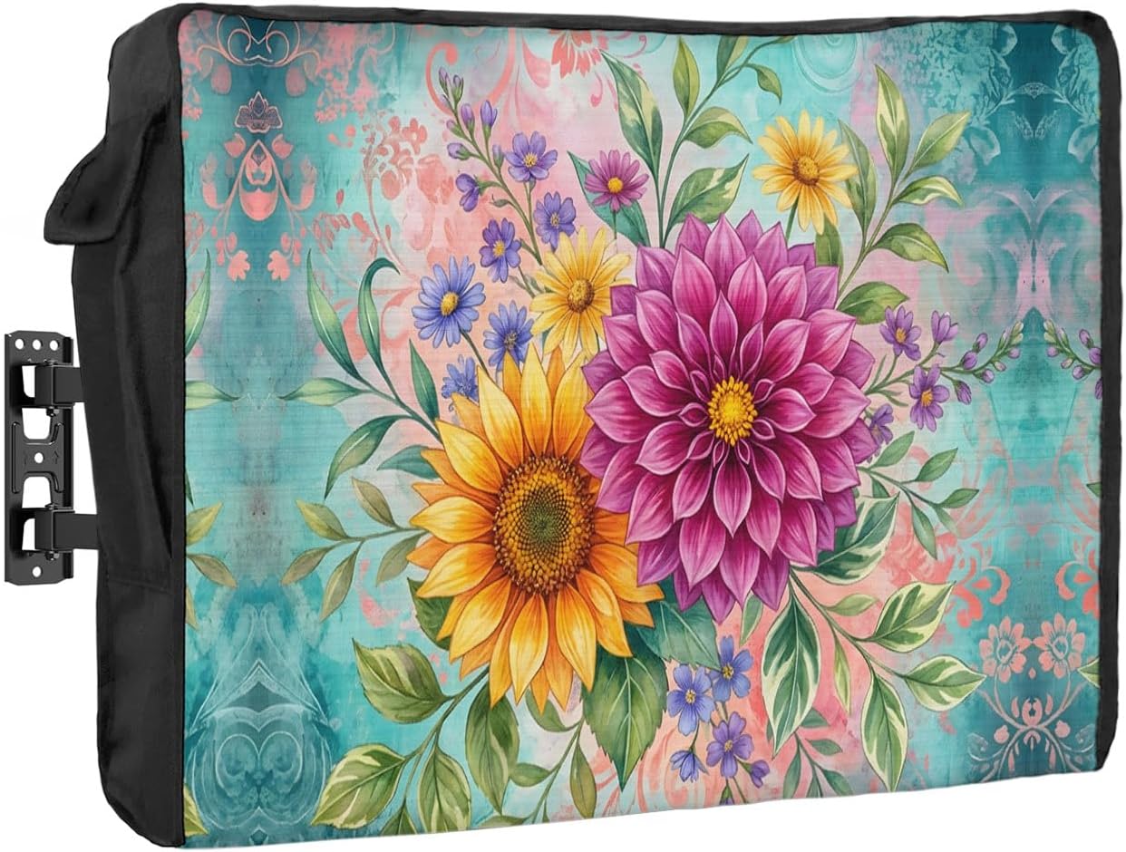 T&H XHome 40"-43" 40" Wx25 Boho Floral Outdoor TV Cover Vibrant Sunflower Dahlia Bouquet Art Waterproof