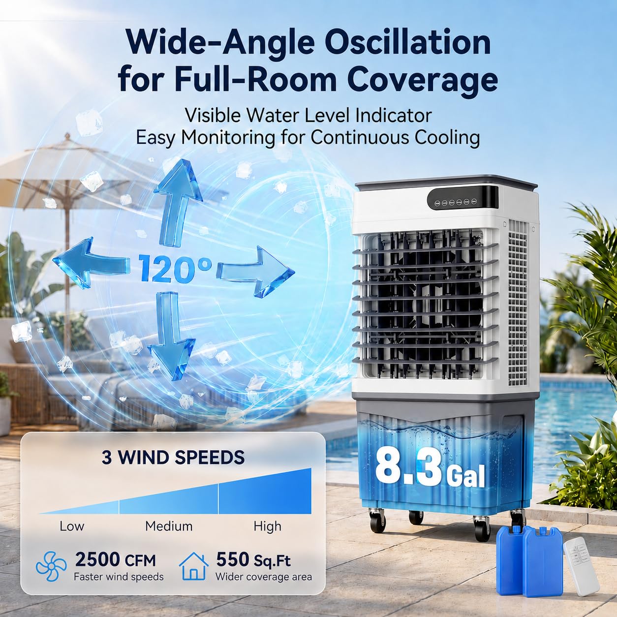 2500 CFM Swamp Cooler, Portable Evaporative Air Cooler with 8.3 Gal Water Tank, 4 Ice Packs, 120 Degree Oscillation, 3 Speeds, 12H Timer, Remote Fan for Large Room Garage