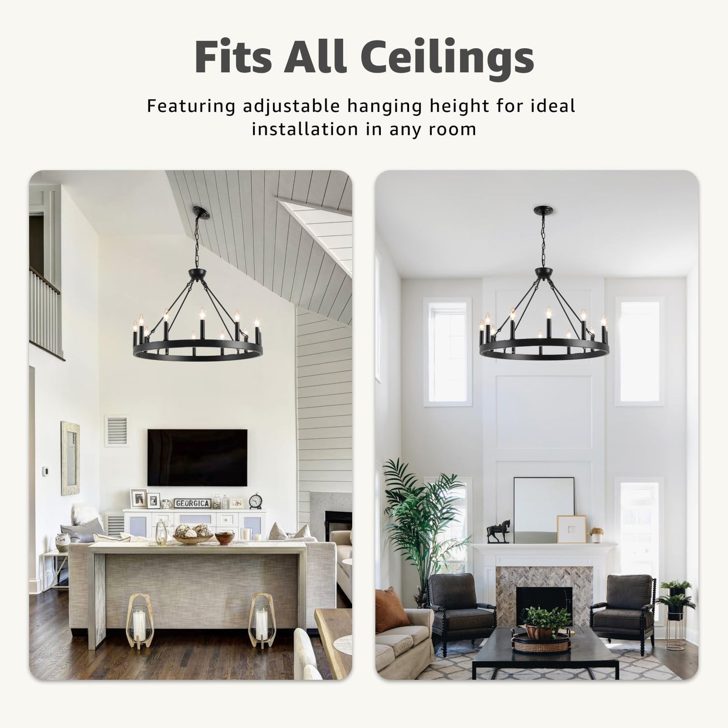 VBKK Wagon Wheel Chandelier 32" 12-Light, Round Black Chandeliers Farmhouse Modern Wagon Wheel Light Fixtures, for High Ceiling Dining Living Room, Foyer, Entryway