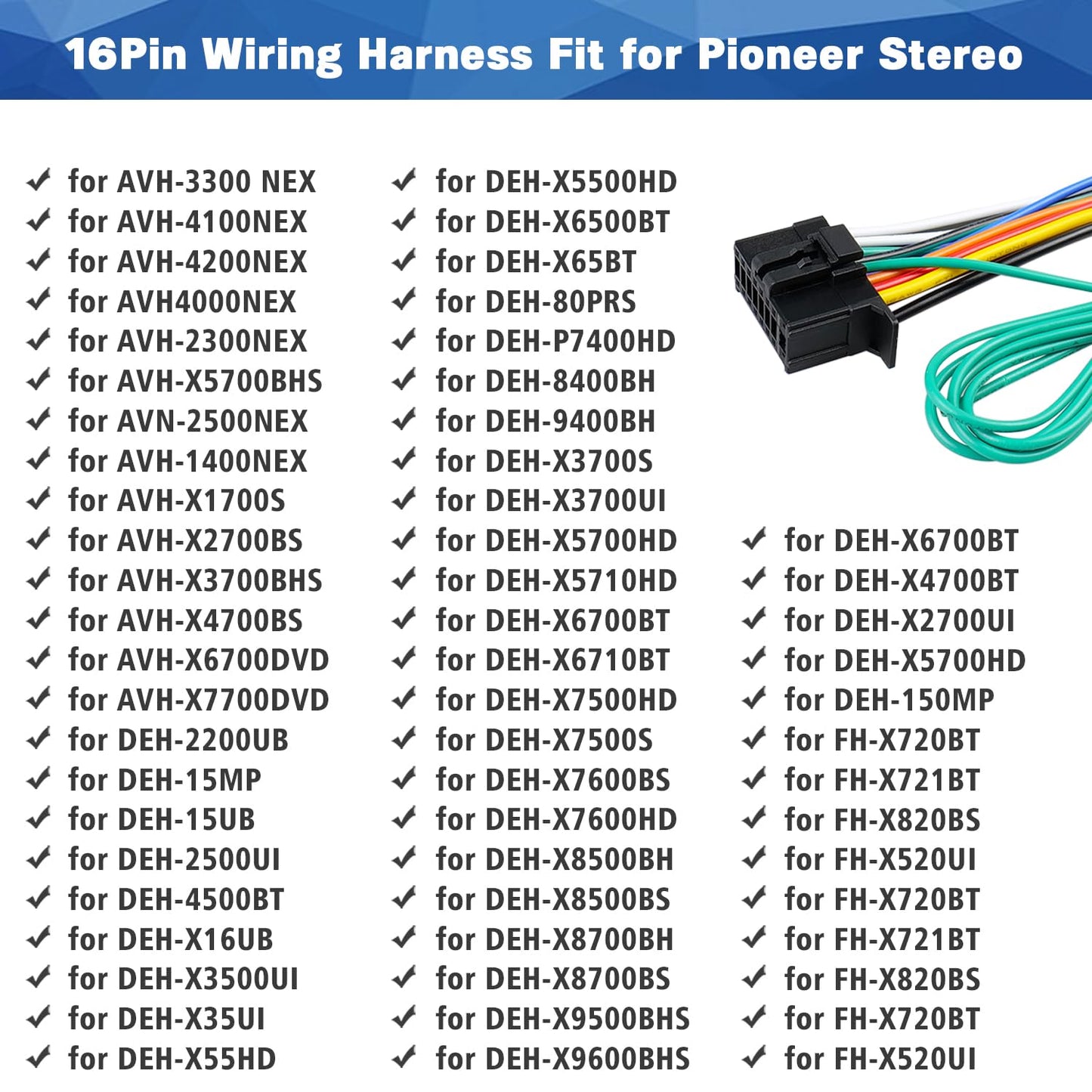 16-Pin Pioneer Car Radio Wiring Harness - Compatible with DEH, AVH, AVIC Models