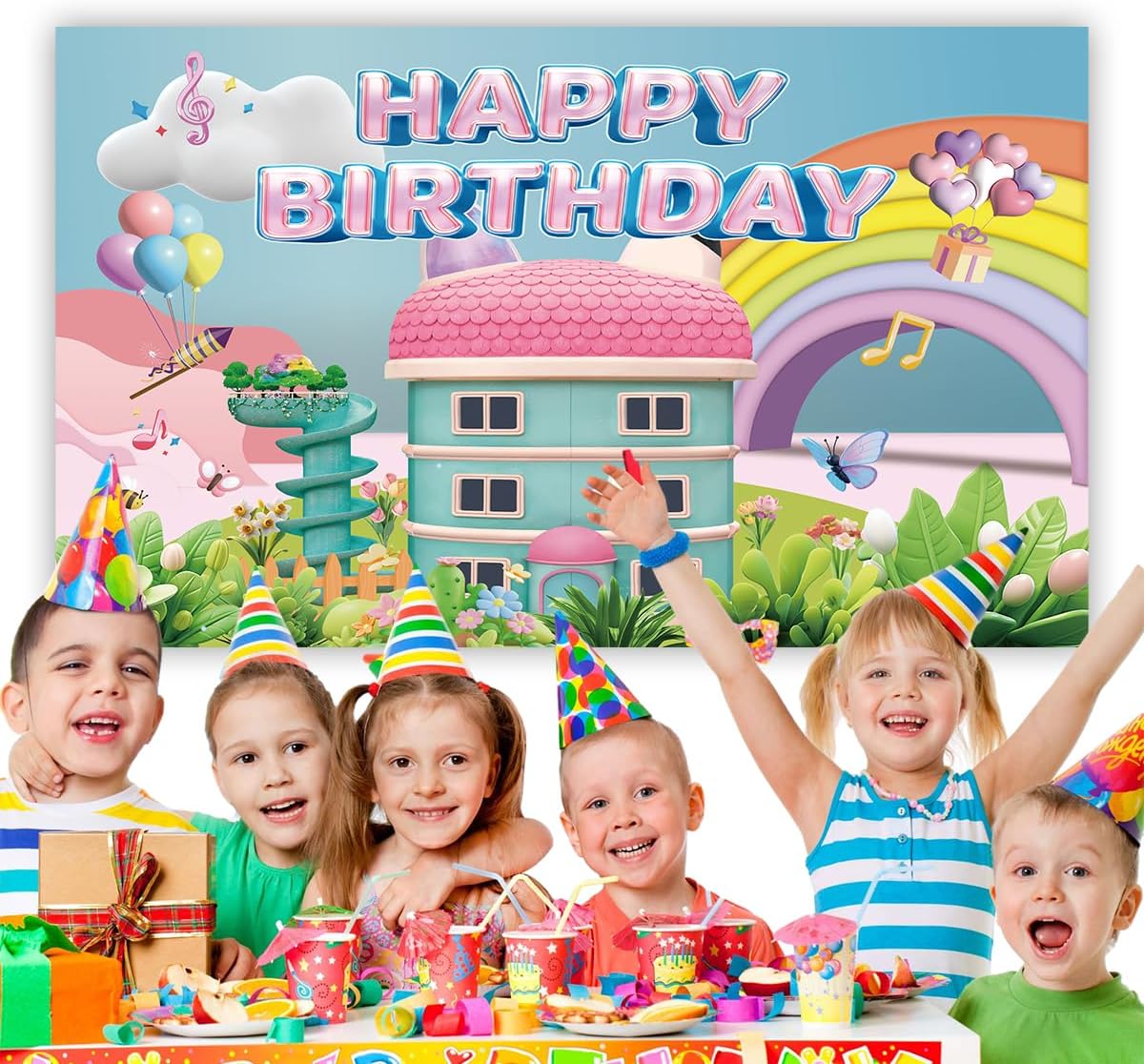 YTHKJS 5 3FT * Rainbow Dollhouse Birthday Party Backdrop Decorations,Rainbow Dollhouse Theme Party Supplies