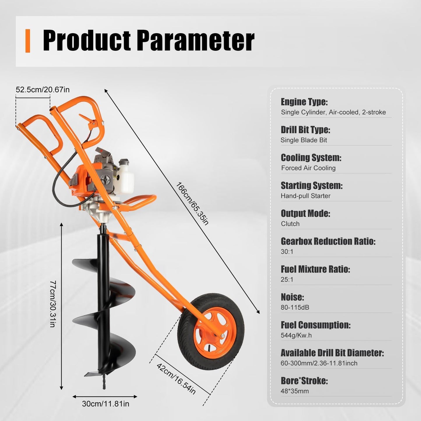 63CC 2 Stroke Post Hole Digger 3HP Gas Powered Earth Auger Borer Ground Drill Gasoline Earth Auger Wheelbarrow with 11" Bit, for Fence Ground Drill Garden Tree Planting (Orange)-[Arrives in two boxes]