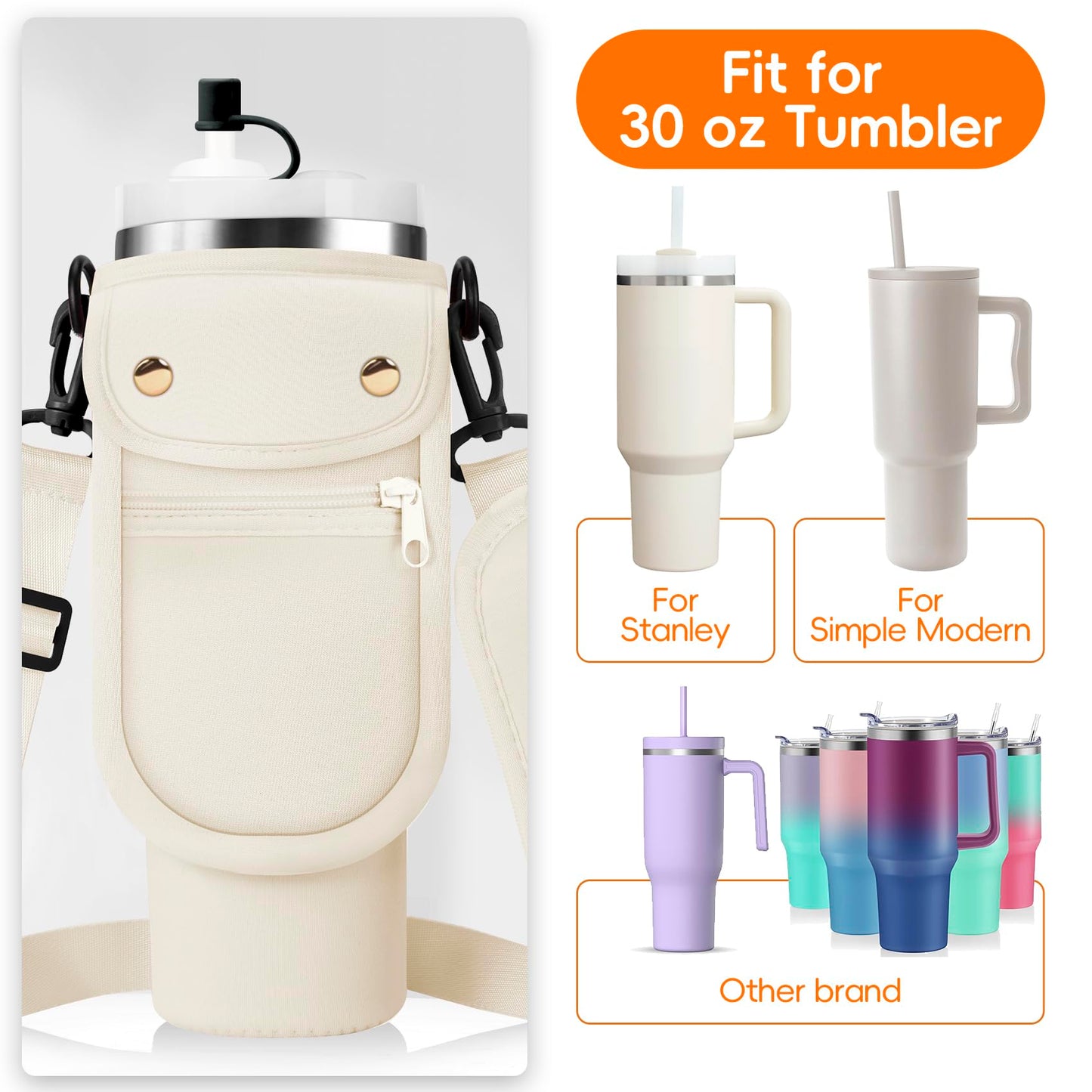 AceTreker Water Bottle Sleeve Bag for Stanley 30 40oz Tumbler with Strap, Reusable Thermos Cup Holder with 2 Pocket & Paracord Handle & Straw Cover for Hiking Travelling Car Gym-Cream