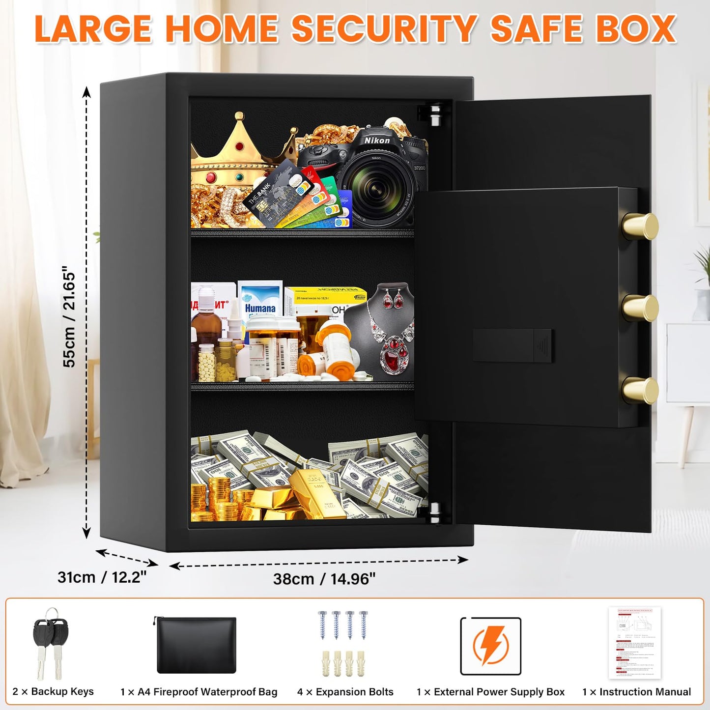 21.65"H Large Safe Box for Home, 3.8 cu ft Anti-Theft Safe with A4 Fireproof Bag, Steel Security Safe with Keypad Lock, Backup Keys, External Power Supply Box, Document Safe for Cash Medicine Document