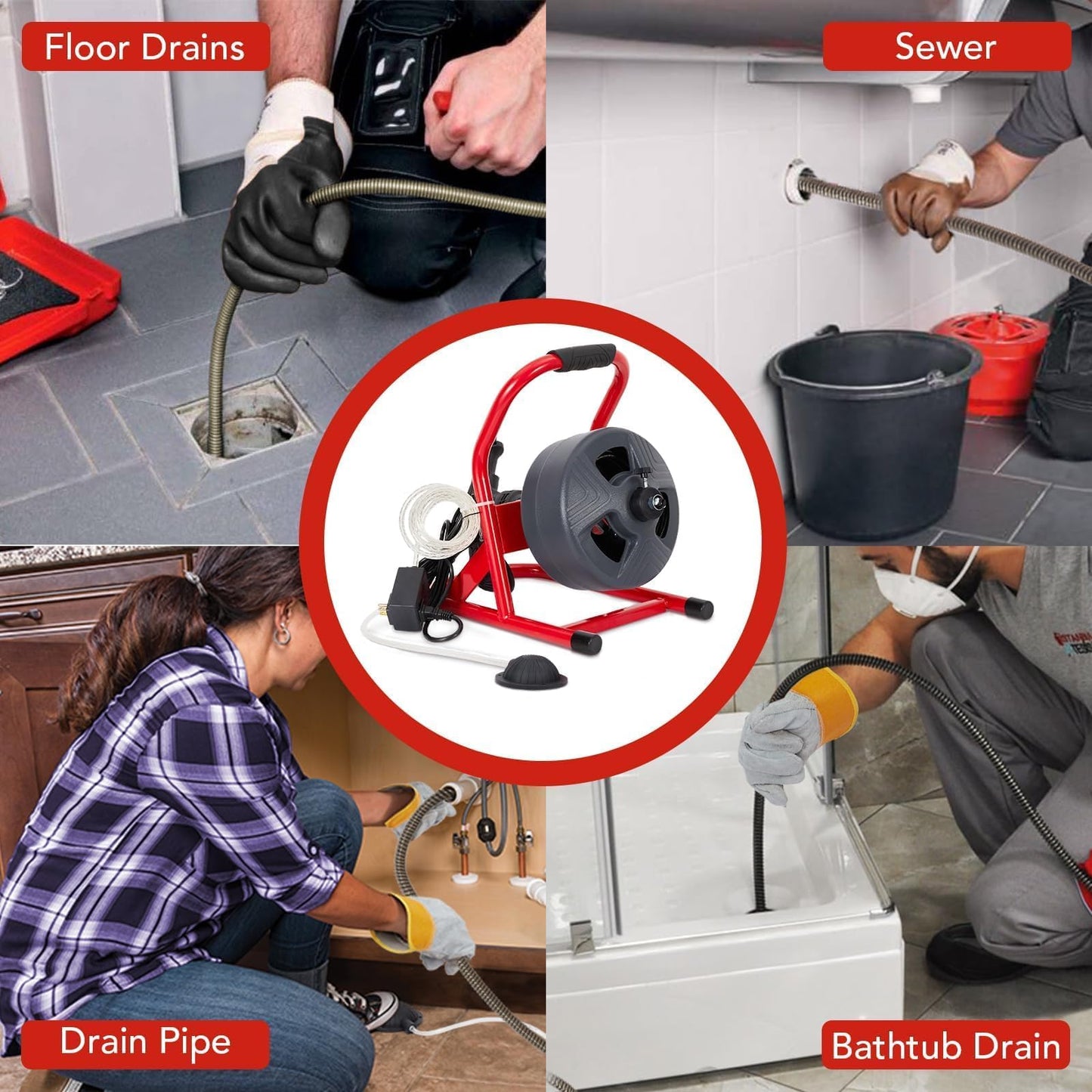 PIONEERWORKS 50Ft x 5/16 Inch Drain Cleaner Machine, Electric Drain Auger Professional for 3/4 to 3 Inch Pipes, Foot Switch with 6 Cutters, Glove, Drain Auger Cleaner Sewer Snake - DA04