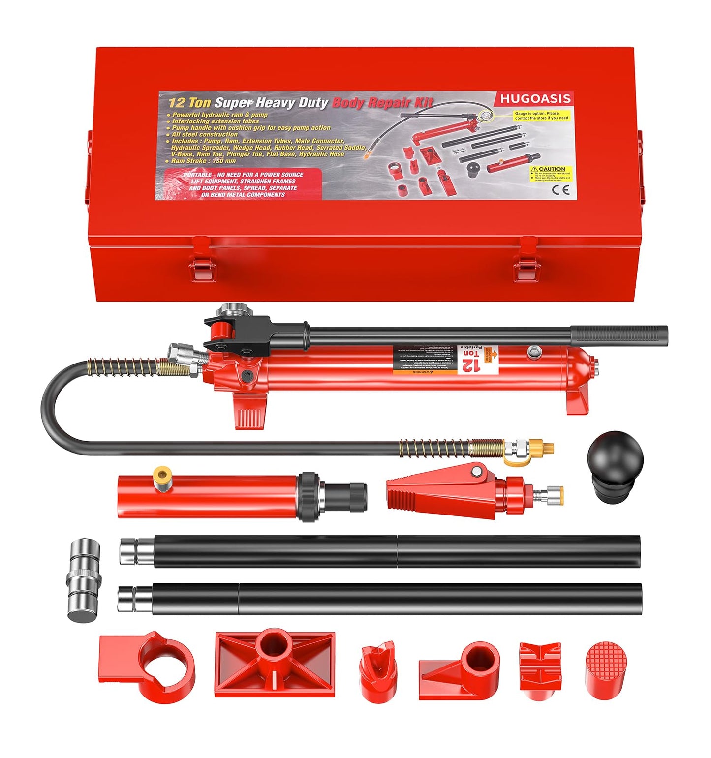 Hydraulic Body Repair Kit 12 Ton, Portable Automotive Floor Jack Ram Pump Set, All Steel Frame Straightening Tool with Extension Tubes, Spreader & Wedge Heads