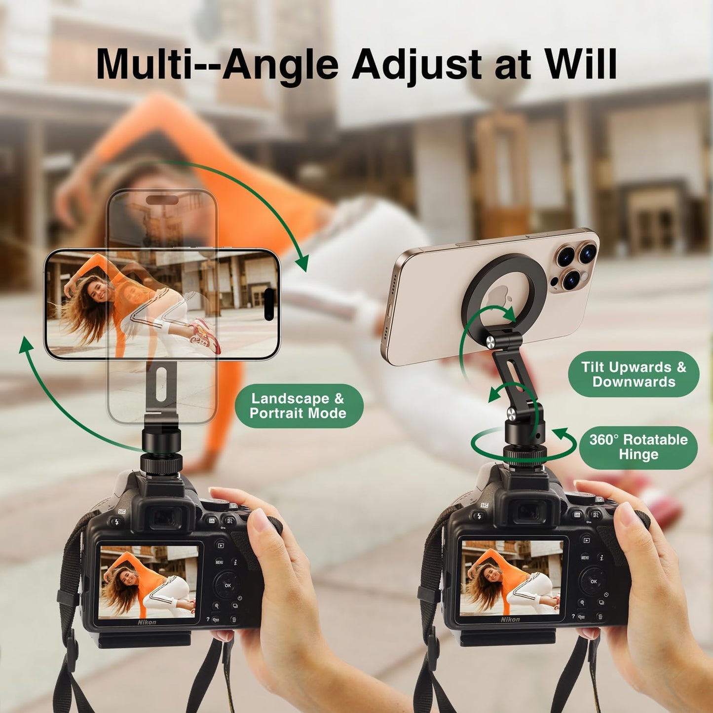elitehood 360 1/4 180 Aluminum Magnetic Camera Phone Mount with Rotatable Cold Shoe Base, MagSafe iPhone Tripod Mount