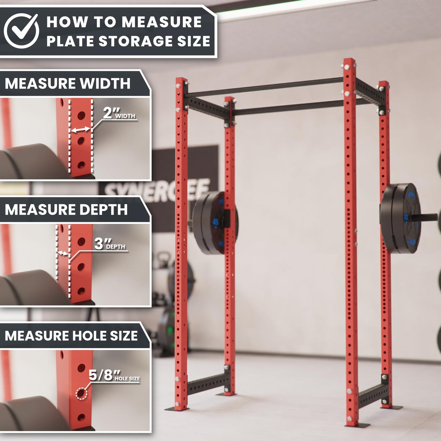 Synergee Weight Plate Storage Peg for 2x3 Power and Squat Racks. Fits 5/8" Holes. Rack-Mounted Olympic Plate Holder for Organized Weight Storage.