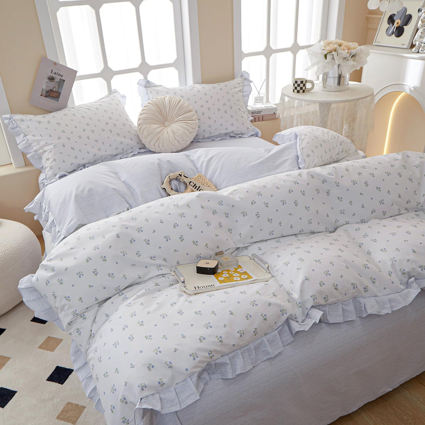 AMZTOP Duvet Cover Queen Size Chic Blue Ruffle Floral 100% Cotton Set, 3Pcs Teen Girls Flower Comforter Cover with Zipper Closure, Princess Queen Bedding Sets 90"x90"