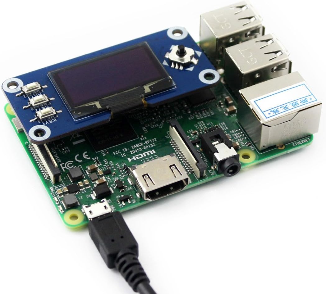 1.3inch 128x64 Communicating I2C Waveshare OLED Display HAT for Raspberry Pi Pixels with Embedded Controller via SPI