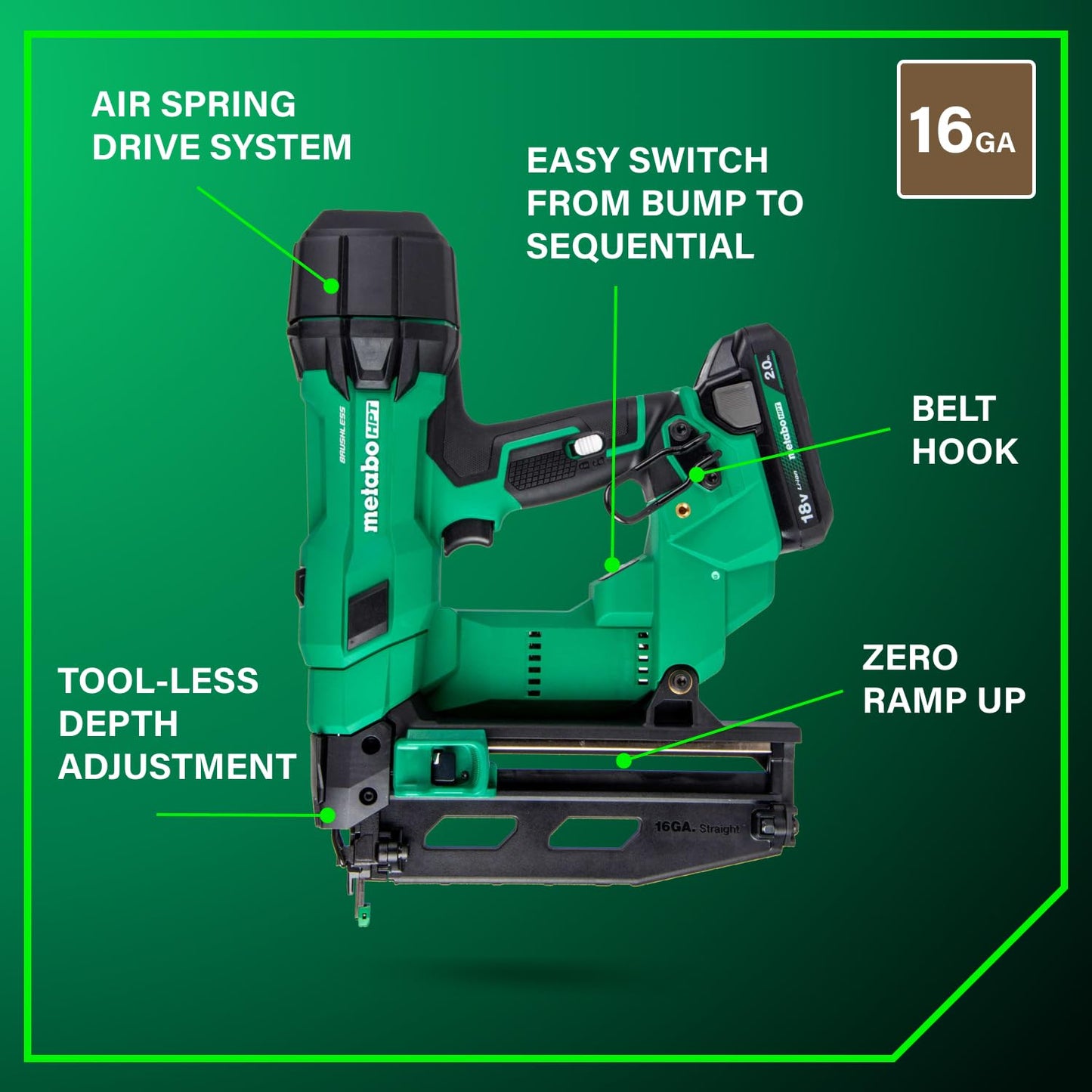 Metabo HPT 18V MultiVolt Brushless Pro 16-GA Straight Finish Nailer Kit, 16 Gauge Finish Nailer, Power Tool with 2.0Ah Lithium Ion Battery, 1" to 2-1/2" Nails, Powerful Brushless Motor, NT1865DSA