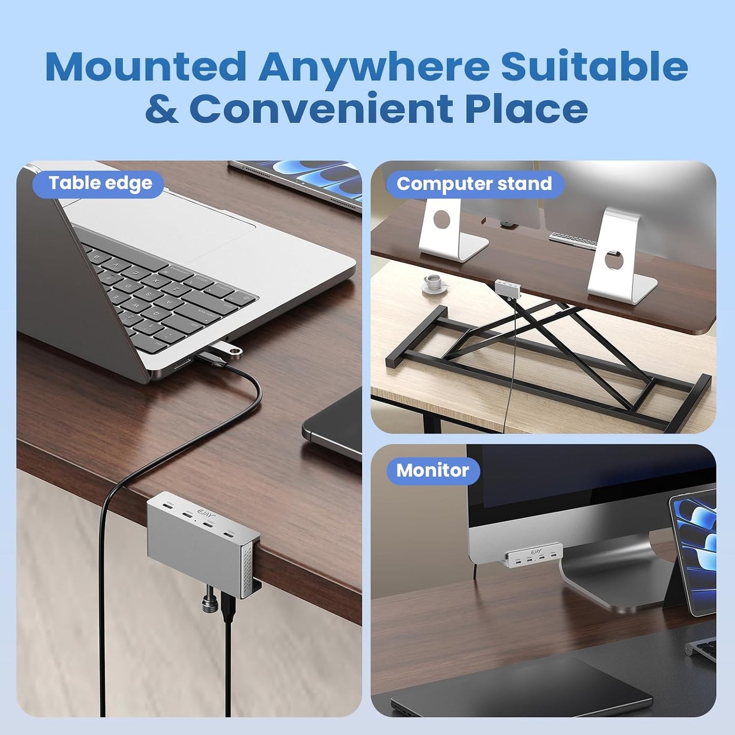 EJAY 4-Port 10Gbps 3.2 2, USB C Hub Clamp Mount, USB Hub Gen Aluminum Clamp On USB Hub for Monitor & Desk, Dual Cable