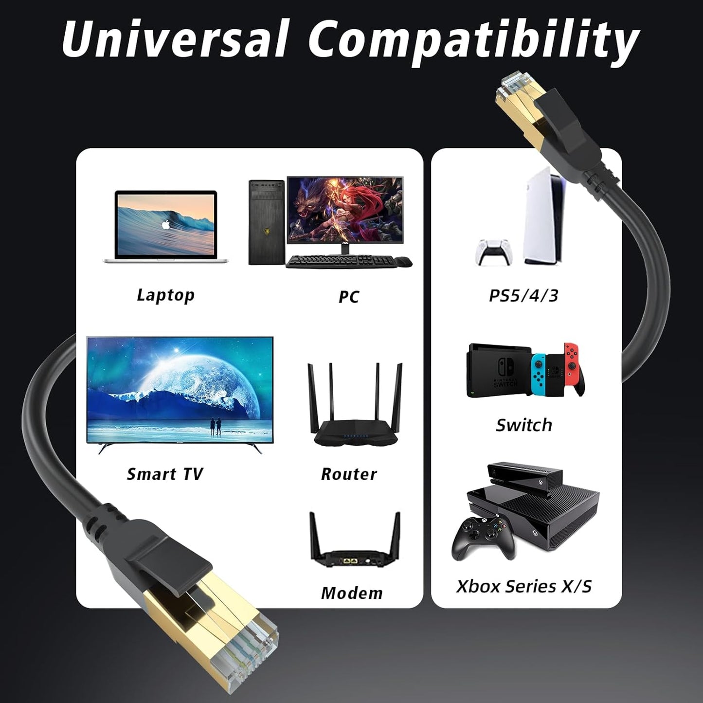 cat gruciso 8 6FT 26AWG Cat8 40Gbps, 2000Mhz RJ45 Cat Ethernet Cable, High Speed Heavy Duty LAN Network Cable with Gold