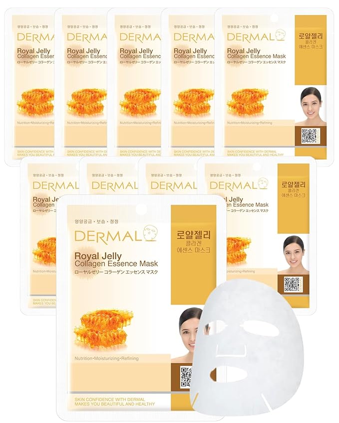 DERMAL Royal Jelly Collagen Essence Korean Facial Mask Sheet Pack of 10 - Intensive Moisture Therapy for Stress-Relief and Skin Elasticity - Hypoallergenic Skin Friendly Sheet