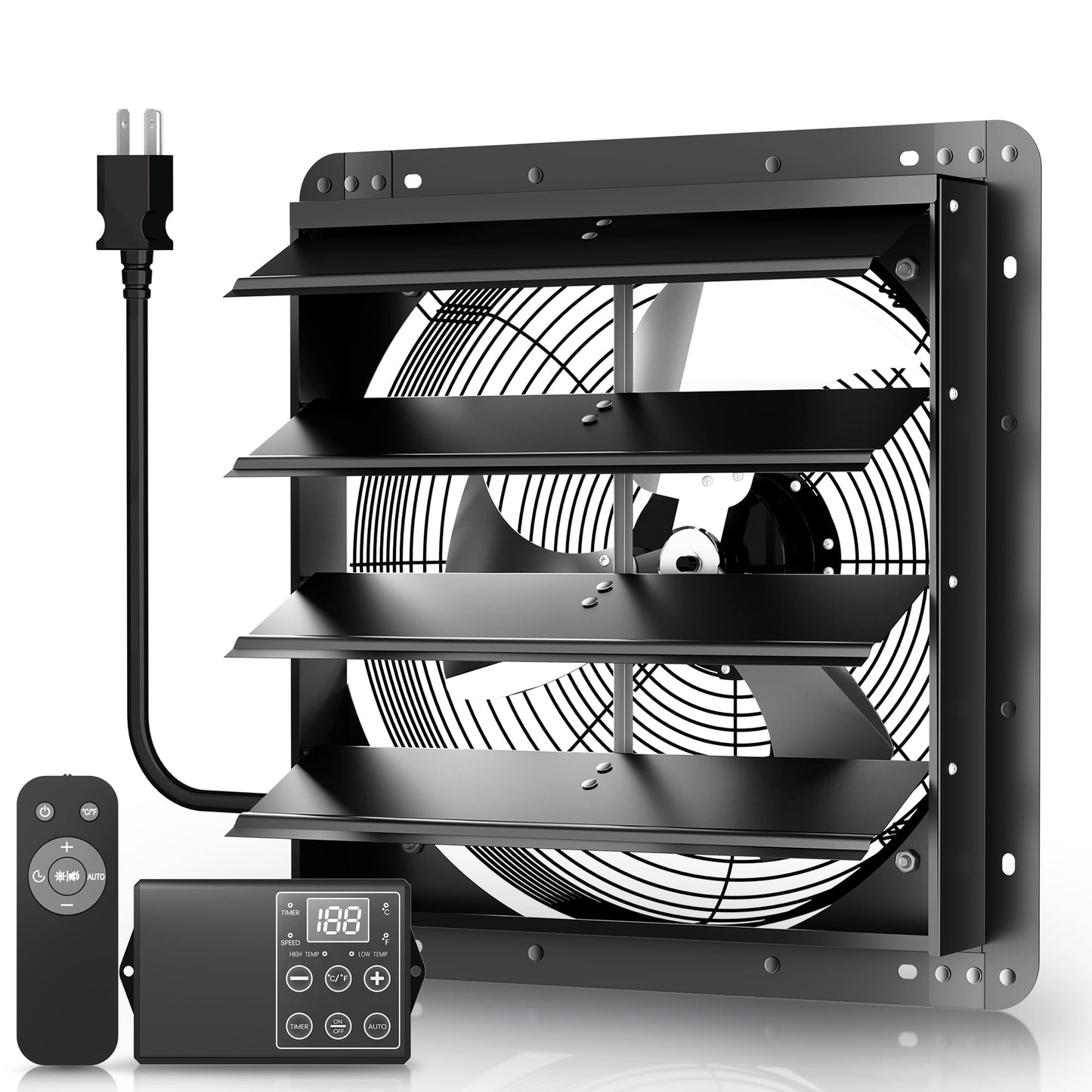 Xcity 12" Shutter Exhaust Fan with 6 ft Power Cord, AC Motor Attic Fan, Smart Speed Remote Control (32.8ft Range), Auto Temp Timer, Vent Fan for Home, Garage, Commercial，Window Ventilation