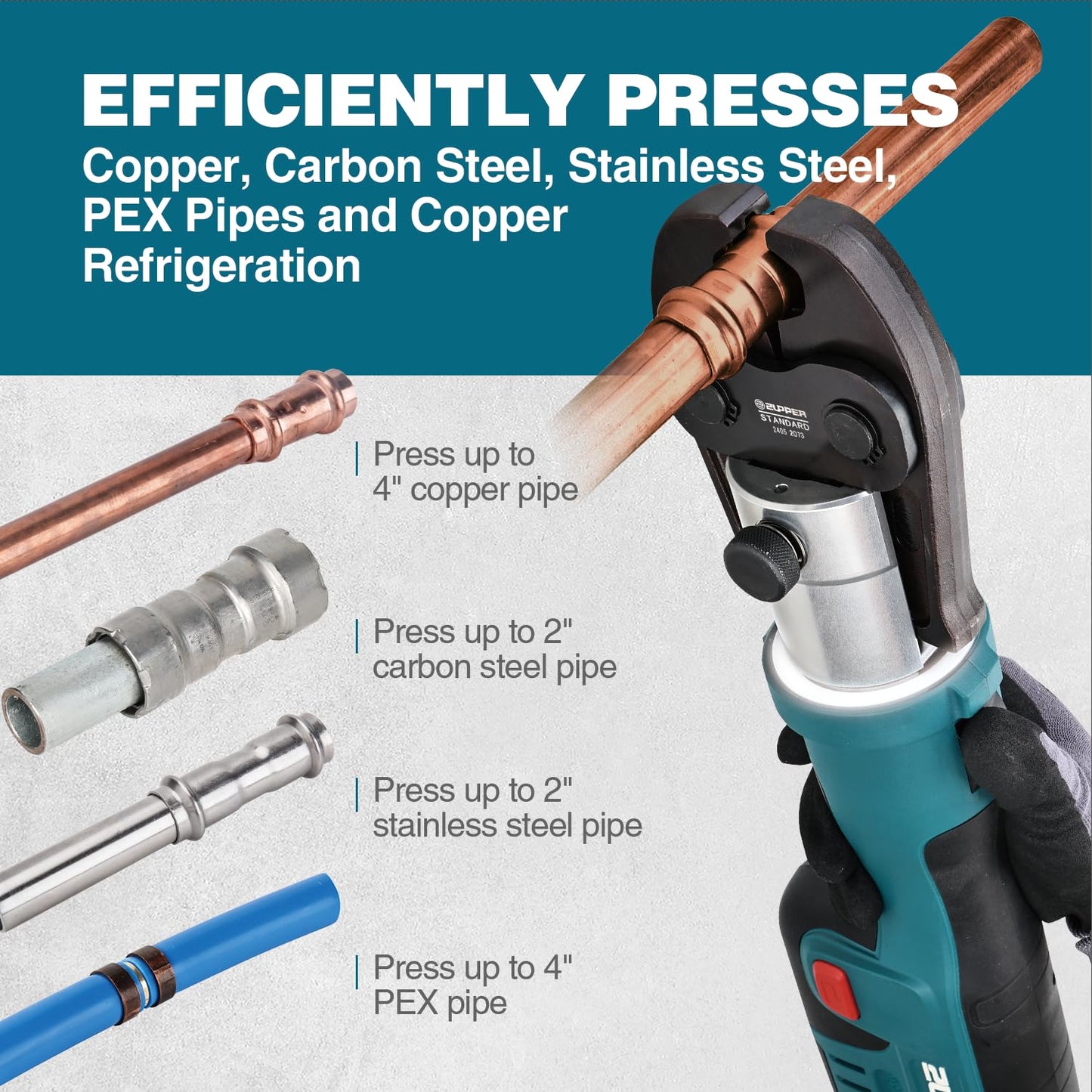 ZUPPER Press Tool, 18V Electric Pipe Crimping Tool for 1/2" to 2" Copper Pipes, Standard Press Tool Kit Suitable for Copper ProPress fittings - with 6 VUS Press Jaws, 2pcs 4AH Battery