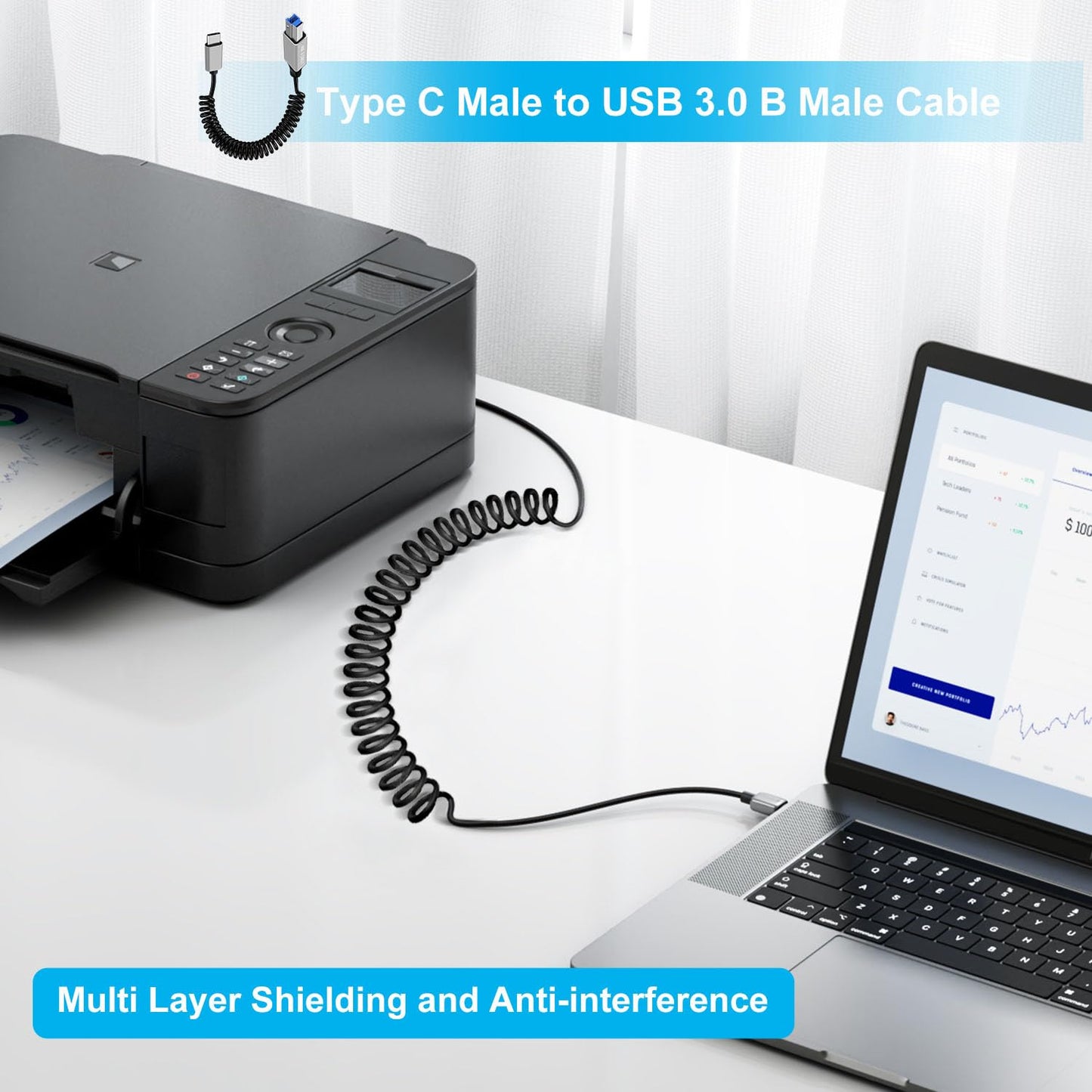 YINGAYOU 3.0 5Gbps, 1 Coiled USB c to B Printer Cable Coiled USB Printer Cable Super Speed for Scanner, External Hard