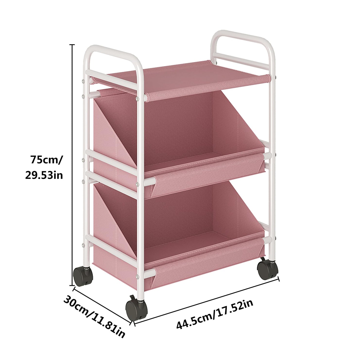 Buzowruil Utility Rolling Fabric Storage Rack Trolley Toy Cart Trolley with 2 Large Storage Boxes,Wheels, Suitable for Bedroom, Living Room, Entryway, Pink