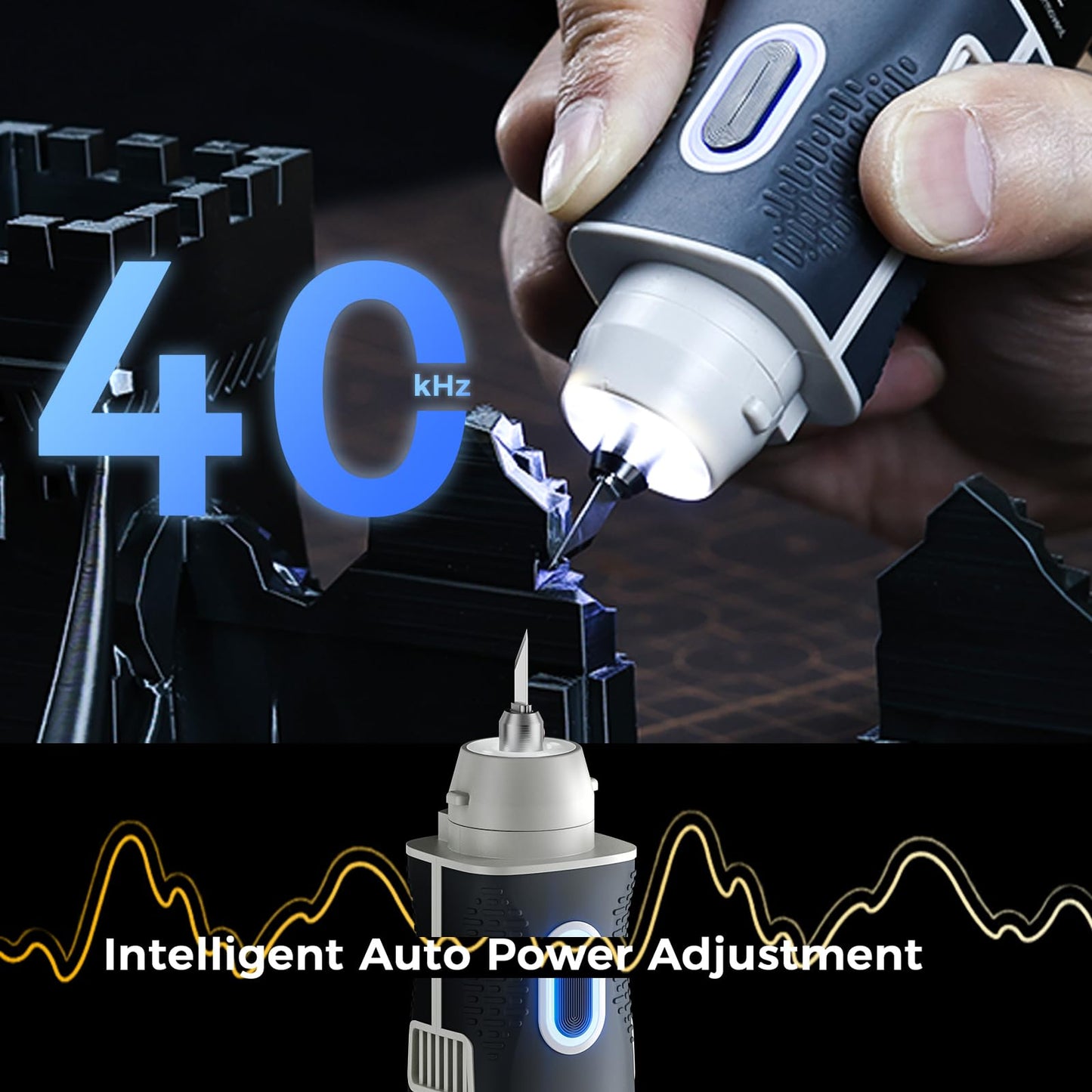 2-in-1 wireless ultrasonic cutter, 40kHz, 30W high power, 1000mAh battery, with AC adapter and USB cable. Features cooling system, smart start-stop and LCD display, can cut a variety of materials.