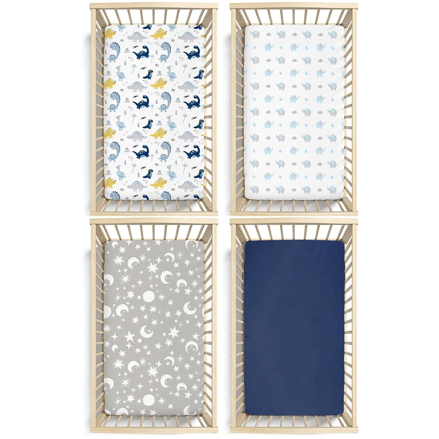 Plushii Crib Sheets - Extra Soft Microfiber Set for Baby Boys | 4 Pack, 28"x52", Dinosaur & Elephant Designs