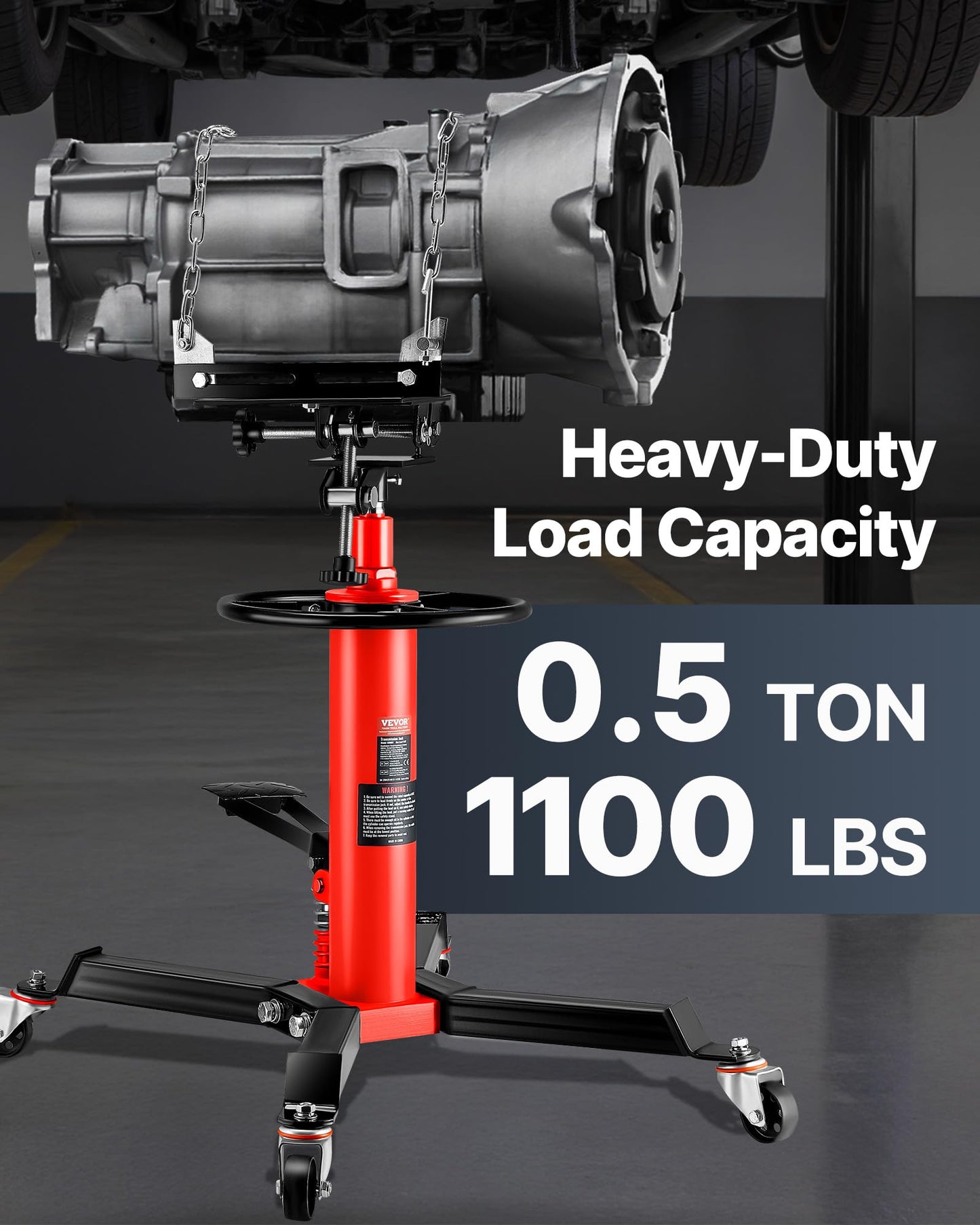 VEVOR 1/2Ton/1100lbs Capacity Hydraulic Transmission Jack, Car & Truck Compatible, 33.5-67 Inch Lift Range, 2-Stage Jack Stand with Foot Pedal, 360 Swivel Wheel, Red