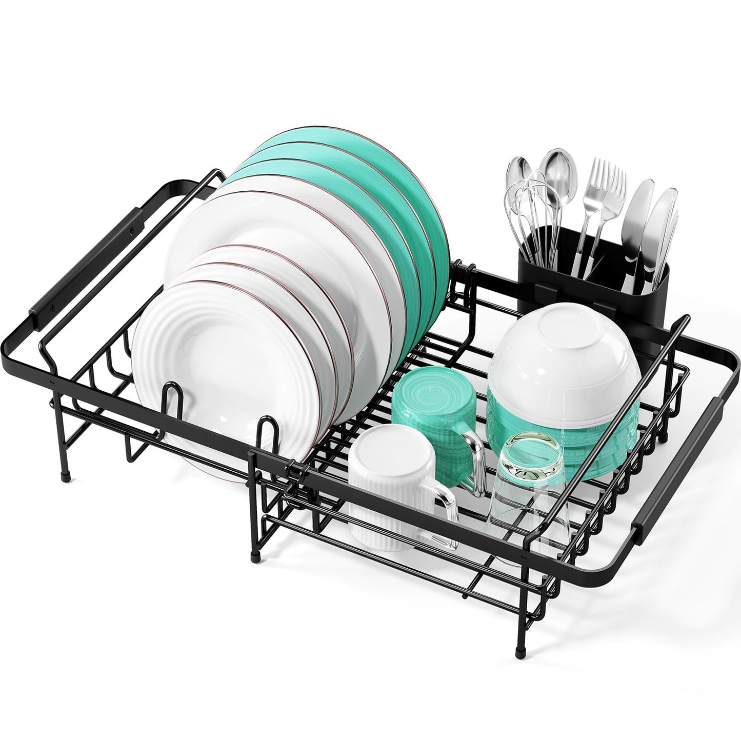 Urackify Dish Drying Rack in Sink - Expandable (14.5''-18''L) Over The Sink Dish Rack with Utensil Holder, Space-Saving Dish Drainer for Kitchen Counter, 1 Piece, Matte Black